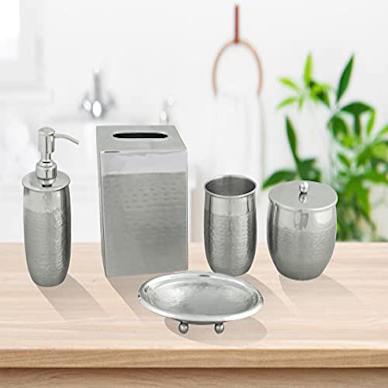 Modern Farmhouse Bathroom Accessories Set of 5 - Silver Soap Dispenser, Soap Dish, Cotton Jar, Tissue Box & Tumbler | Bath Decor & Kitchen Countertop Organizer | Housewarming Gift for Home, Apartment & Hotel Use