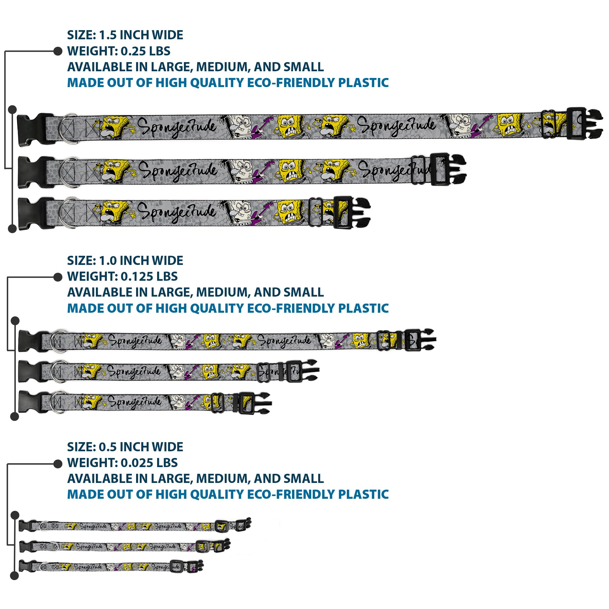 Spongebob Dog Collar with Plastic Clip - 3 Fun Poses (Spongeitude Grays & Black) - Adjustable 13-18 Inches, 1.5 Inch Wide - Perfect for Cosplay, Pet Costumes & Cartoon-Themed Outfits