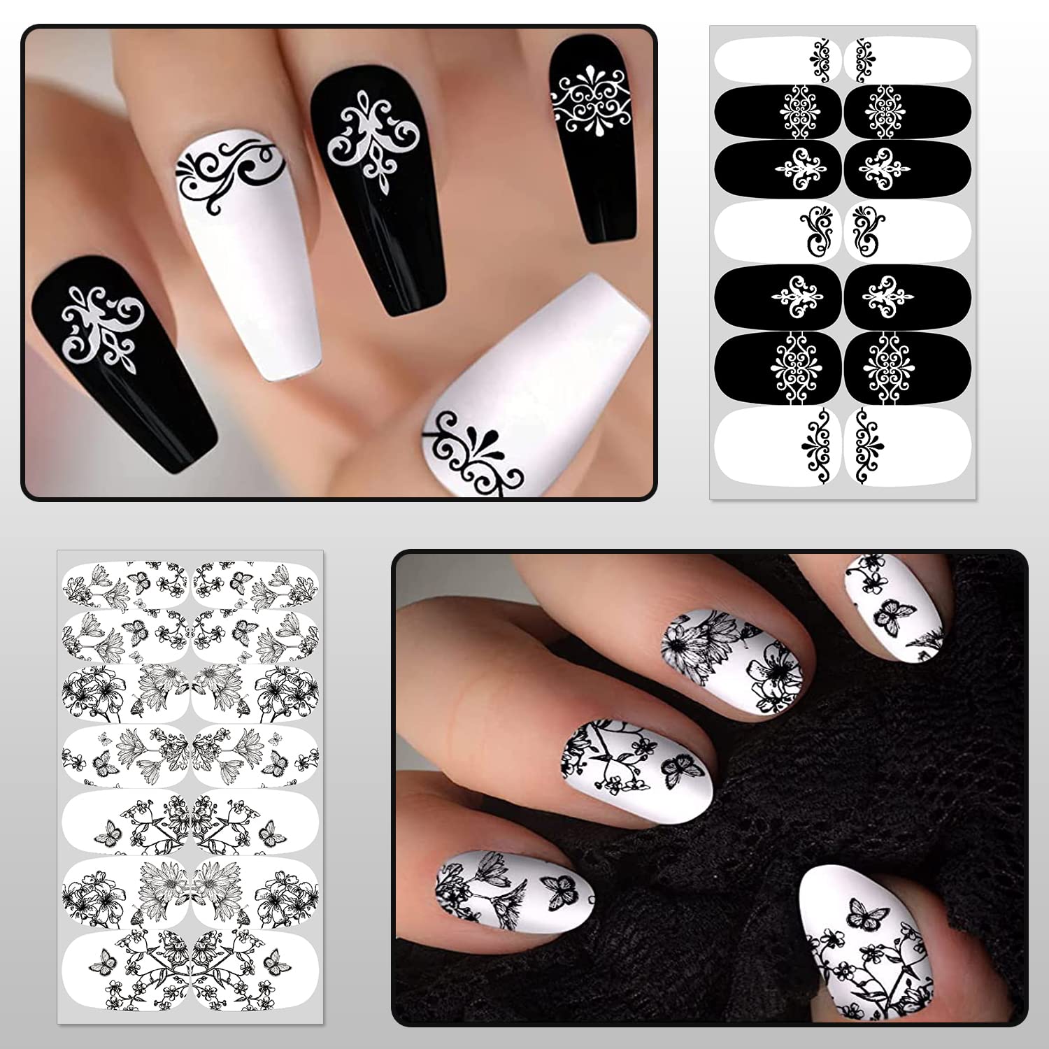 DANNEASY 24 Sheets Black and White Nail Polish Strips - Full Nail Wraps with Floral Designs, Self-Adhesive Nail Stickers for Women | Includes 1 Nail File & Cuticle Stick | Perfect for Home Manicures, Parties, and Gifts