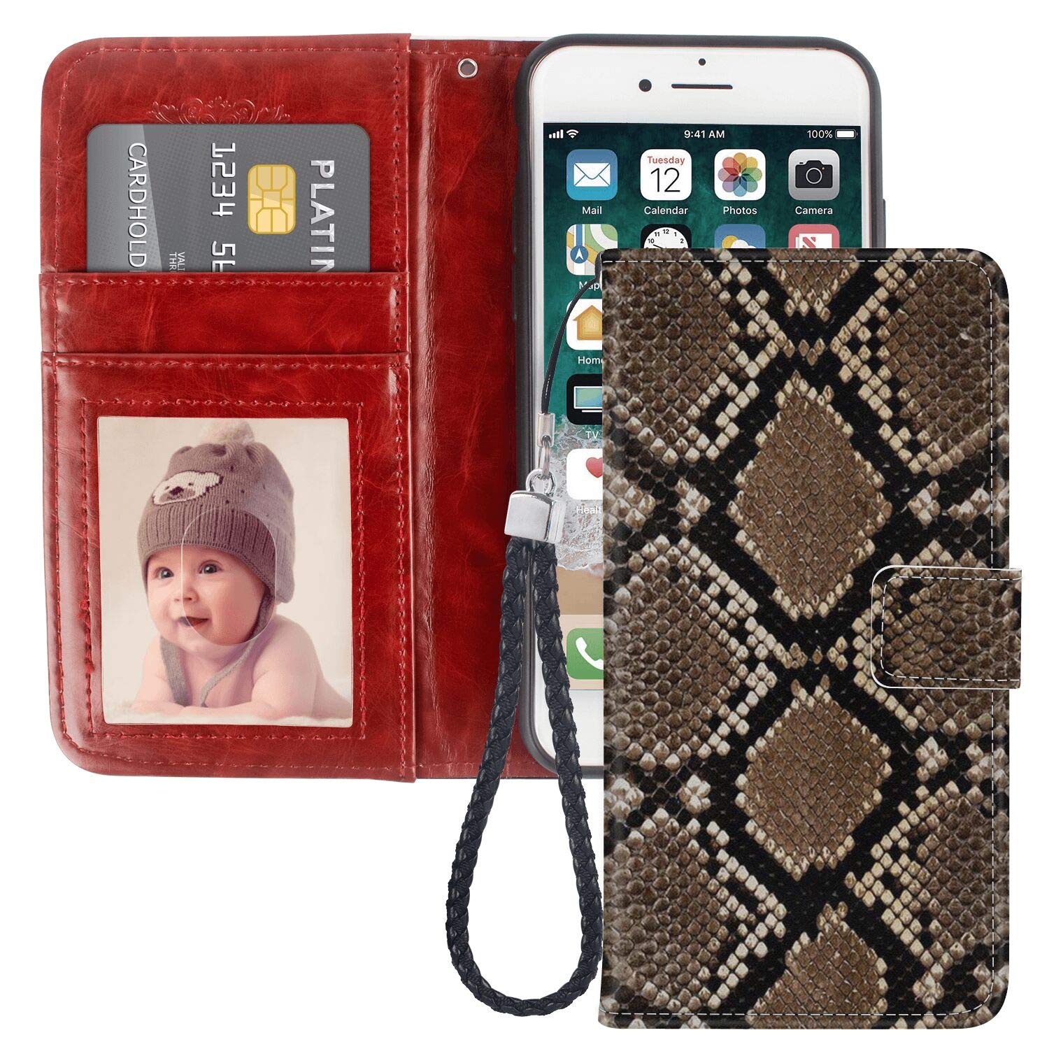 Premium Snake Skin iPhone 7/8 Wallet Case - PU Leather Phone Cover with Card Holder & Wrist Strap | Slim Protective Case for iPhone 7/8 - Perfect for Travel, Shopping & Everyday Use