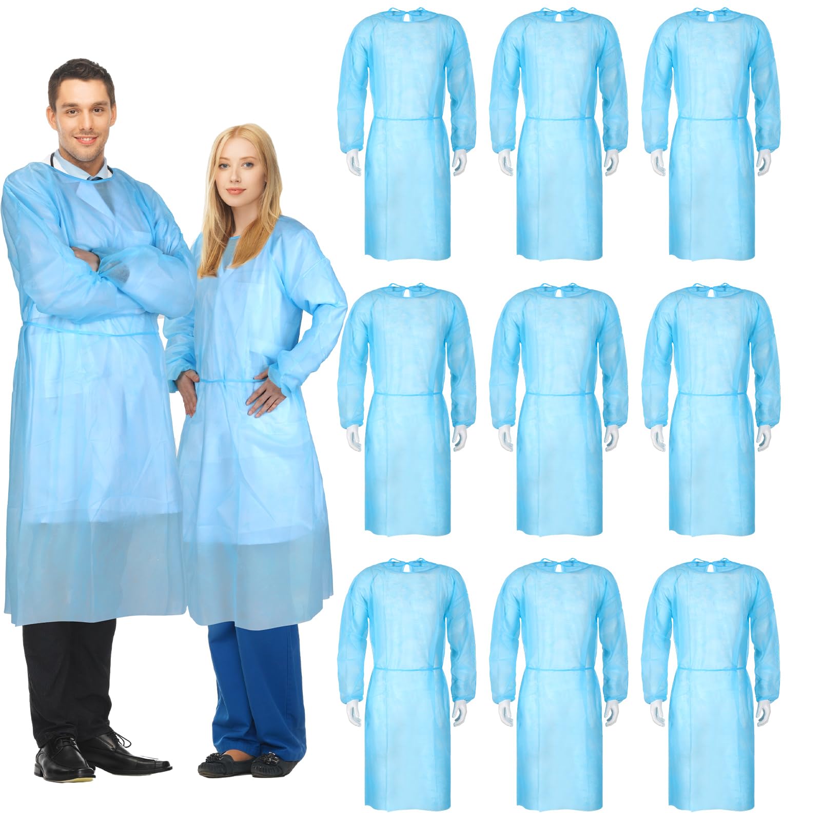 Xuhal 80 Pack Disposable Isolation Gowns - Bulk PPE Gowns with Fully Closed Design & Double Tie Back Elastic Cuffs - Unisex Medical Protective Wear for Home Isolation, Labs, Dental Clinics, Beauty Salons & Tattoo Studios (Blue) - Ideal for Infection Control & Hygiene Protection in Healthcare & Personal Care Settings