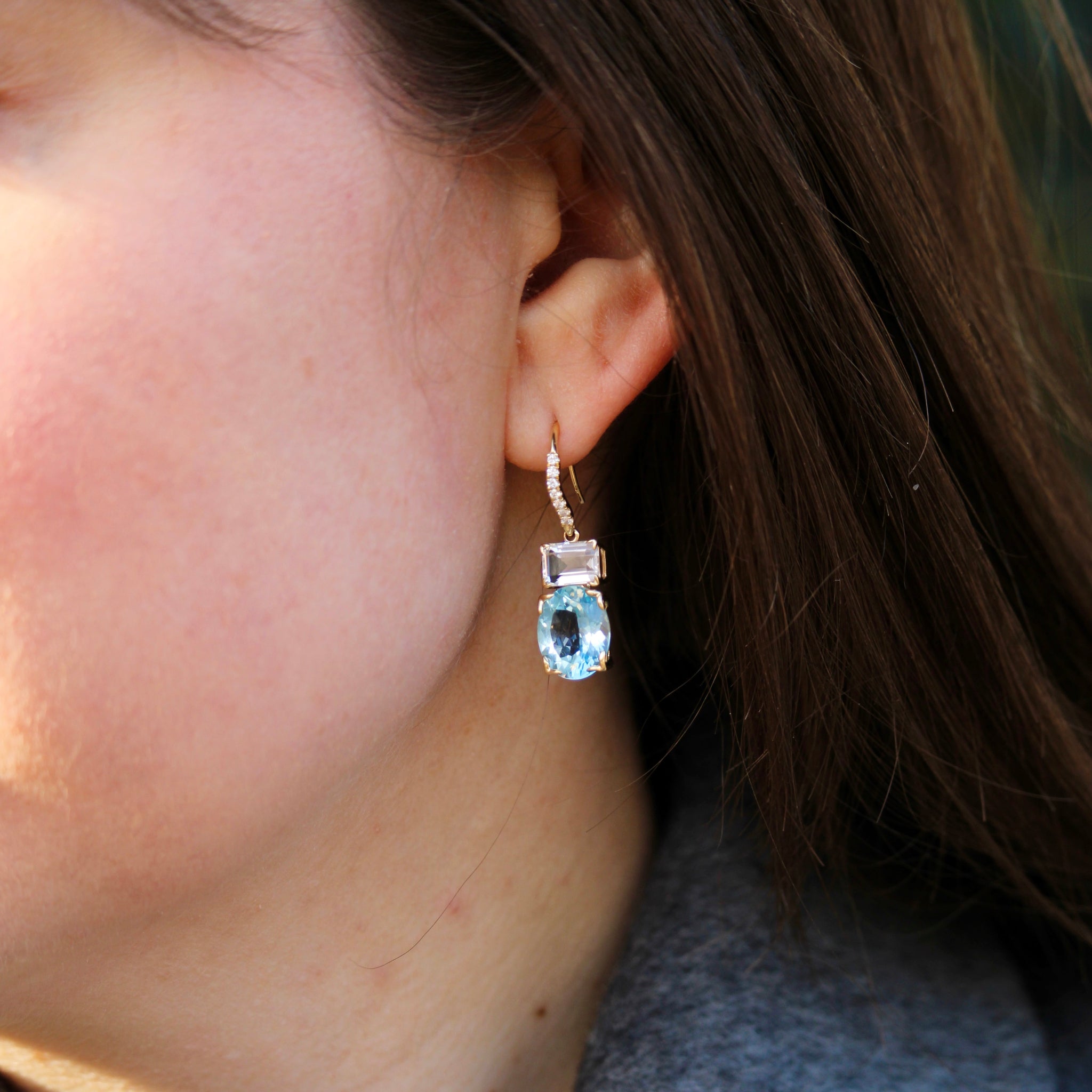 14K Gold Blue & White Topaz River Earrings for Women - Elegant Dangle Earrings for Parties, Weddings & Special Occasions