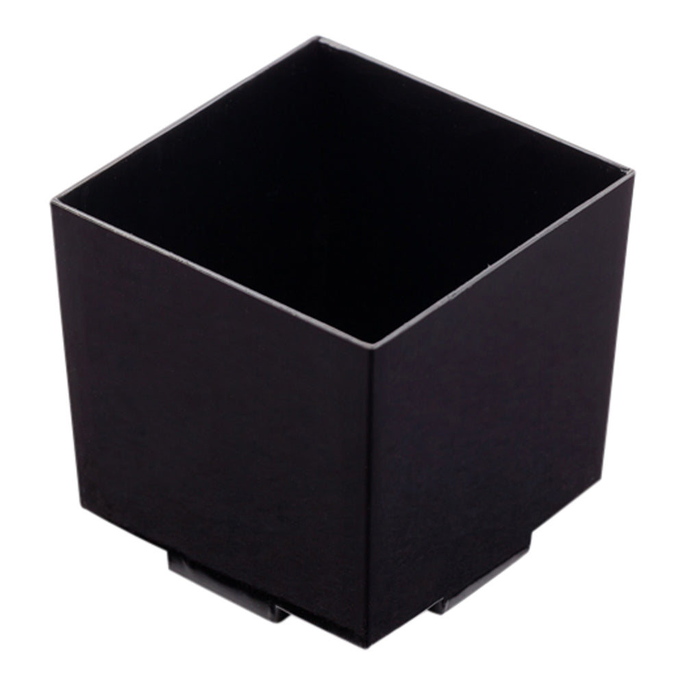 100 Pack 3 oz Square Black Plastic Quadrato Cups with 100 Silver Mini Plastic Spoons - Perfect for Parties, Desserts, Coffee & Tea Serving