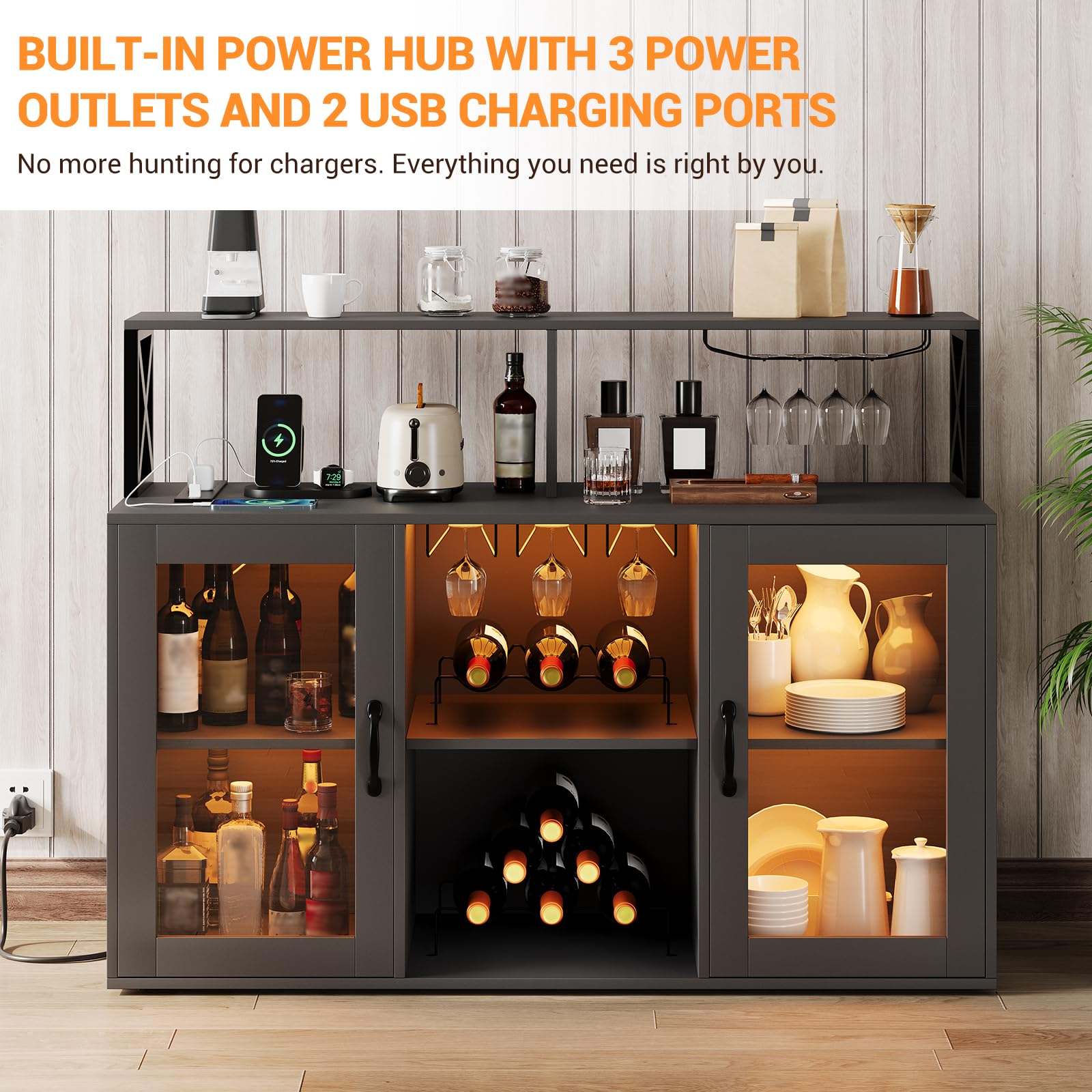 CuisinSmart Modern Bar Cabinet with Power Outlets & LED Lights - Wine Liquor Storage Cabinet with Glass Holder, Shelves for Kitchen, Dining Room, Home Bar - Perfect for Entertaining Guests & Home Decor