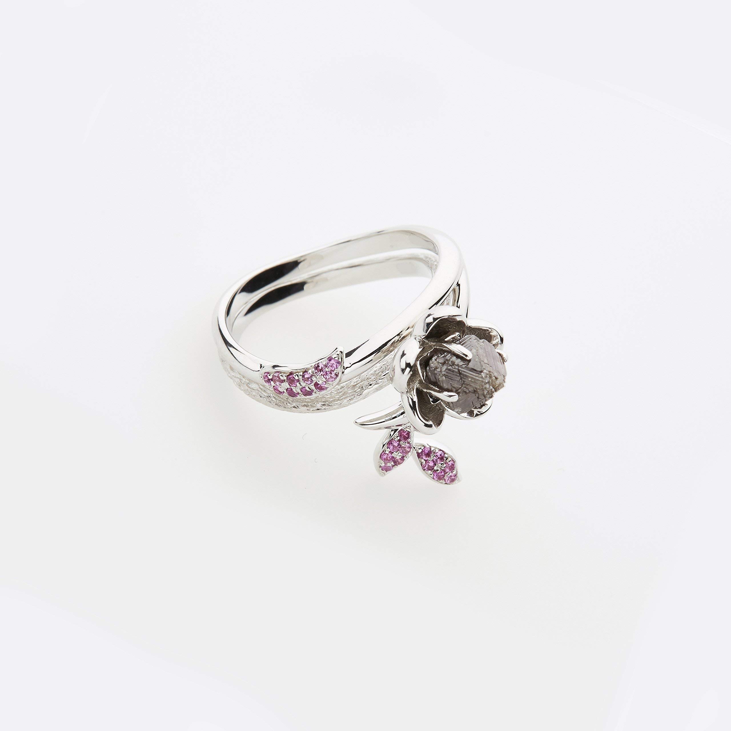 Majade Pink Sapphire Raw Diamond Engagement & Wedding Ring Set - Handmade 14K White Gold Nature-Inspired Floral Bridal Jewelry | Perfect for Romantic Proposals, Anniversary Gifts & Unique Wedding Bands