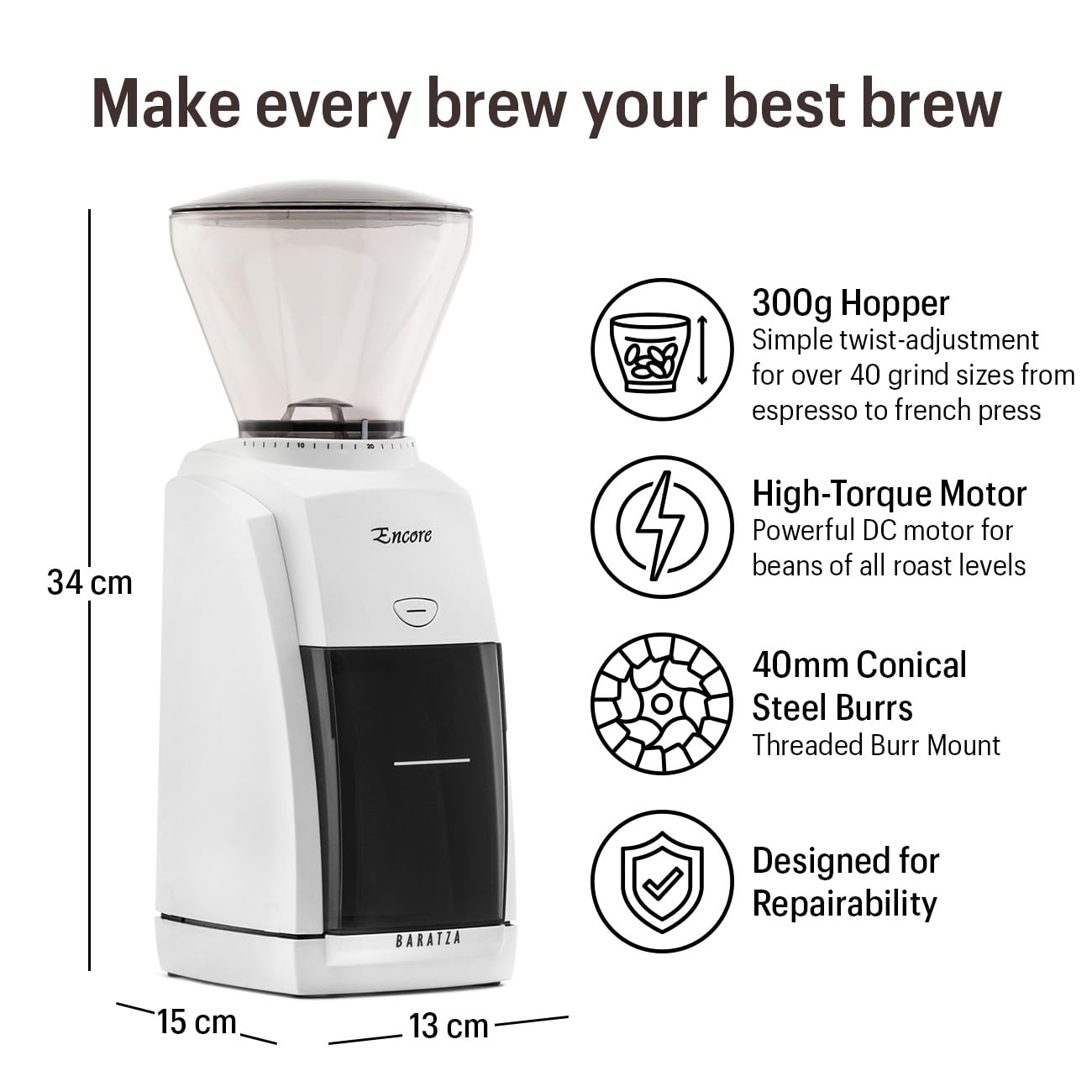 Baratza Encore Conical Burr Coffee Grinder - White (ZCG484WHT) | Premium Electric Coffee Bean Grinder for Espresso, French Press & Drip Coffee | Perfect for Home & Office Use