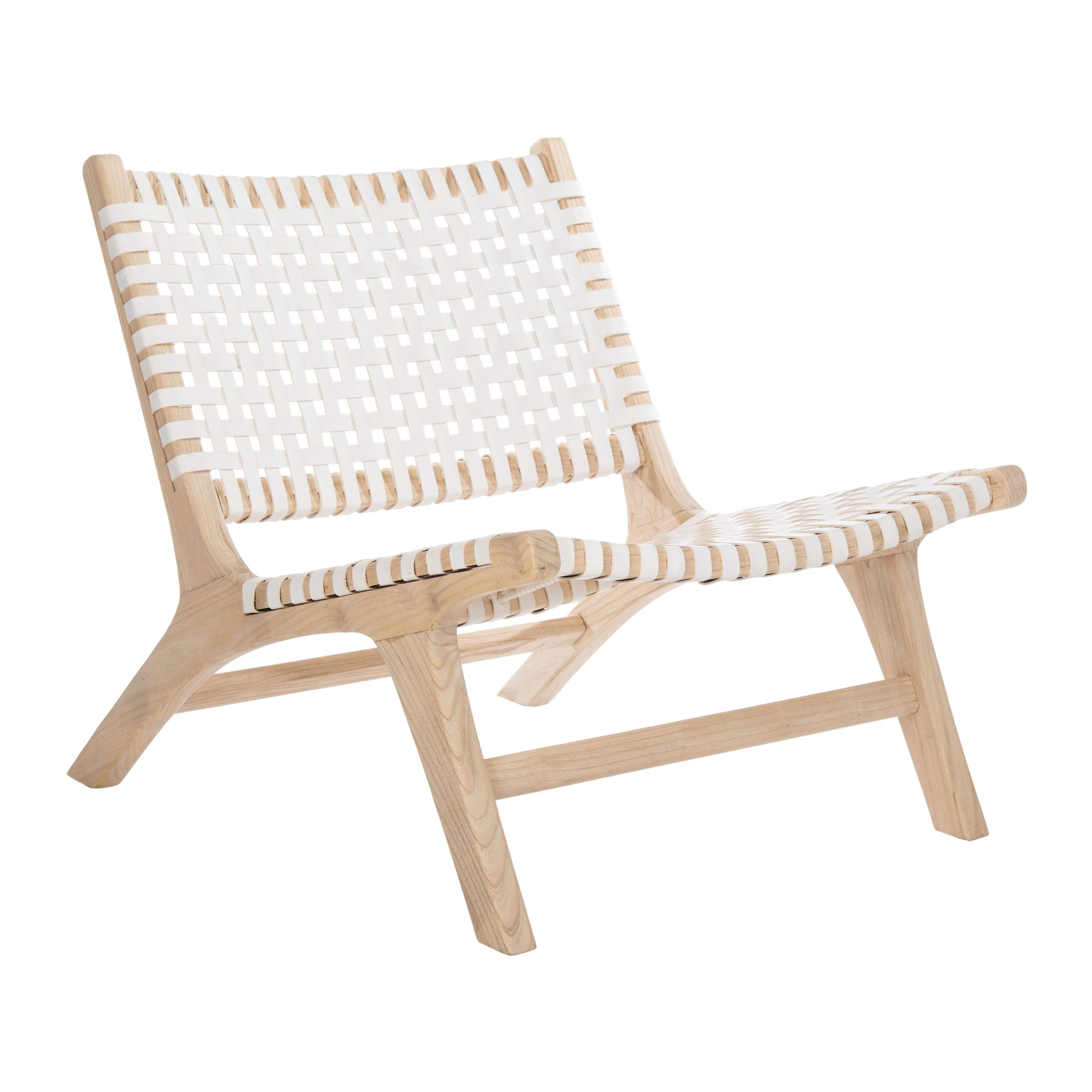 Safavieh Home Luna Natural & White Leather Woven Accent Chair - Modern Living Room, Bedroom, Office Decor - Stylish Seating for Home & Workspace