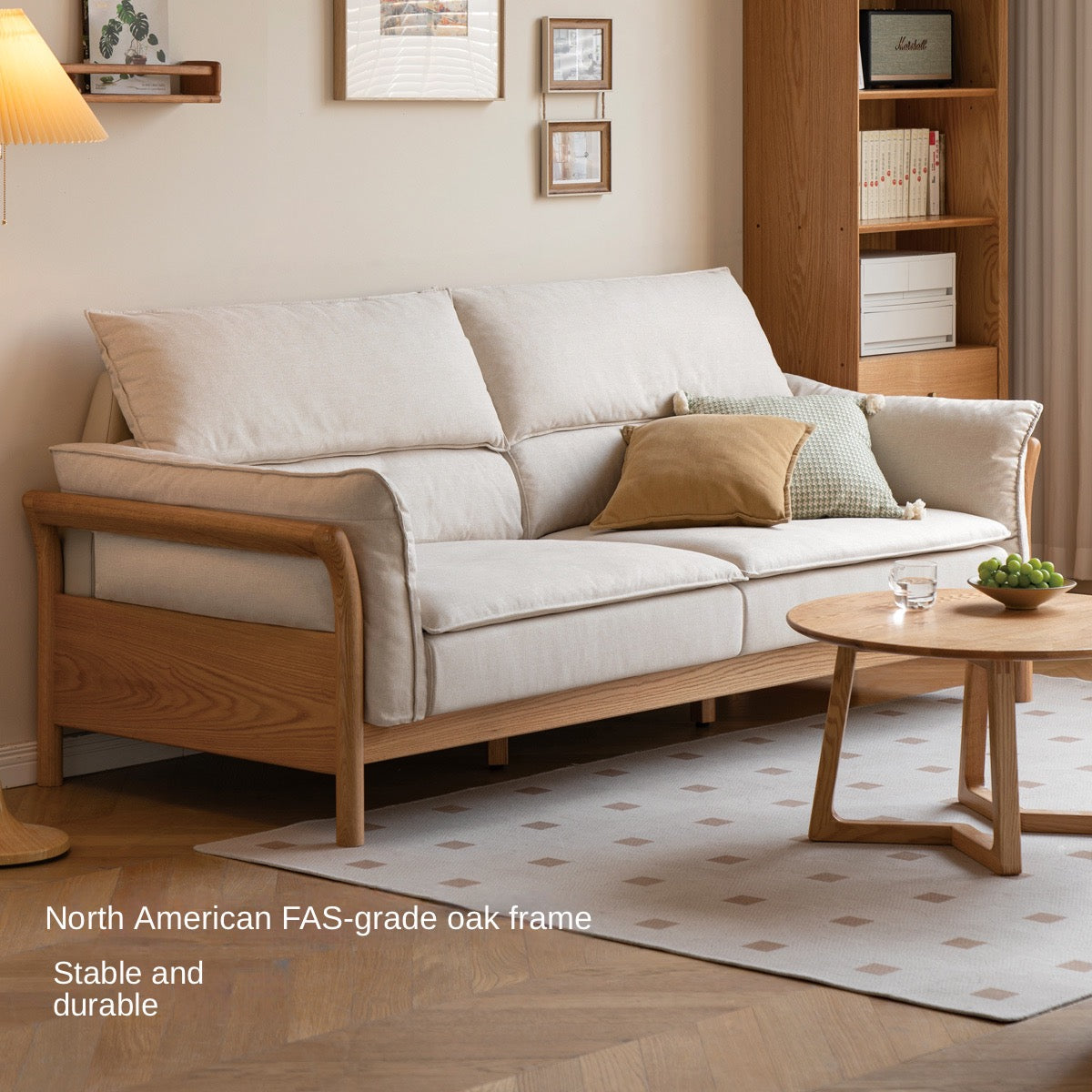 Premium Oak Solid Wood White Goose Down Cotton Sofa - Luxurious Comfort for Living Room, Lounge & Home Decor