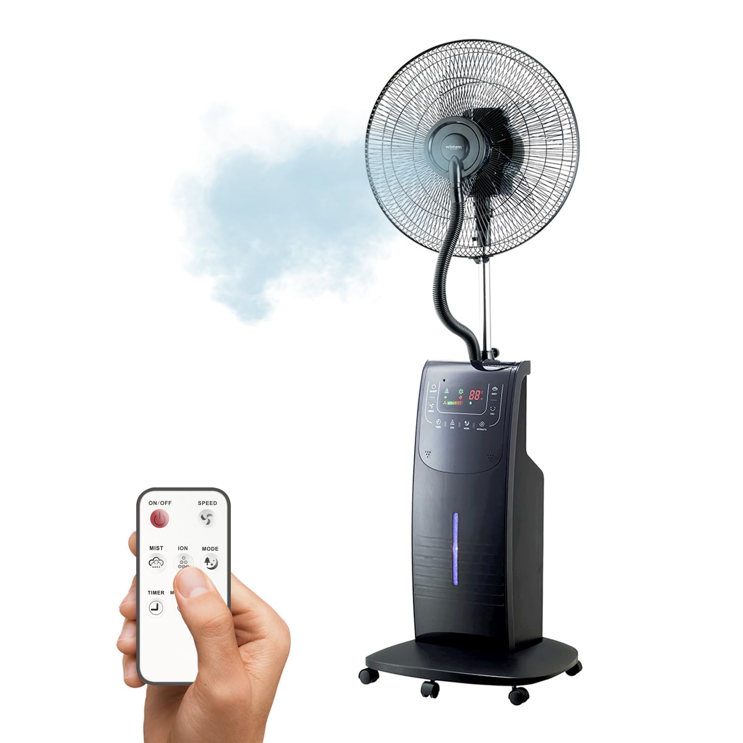 ATUM 3-Speed Water Misting Fan with Aroma Diffuser, Ionizer & Mosquito Repellent - Digital Touch Display, Remote Control & Timer - Perfect for Patio, Garden, and Outdoor Cooling