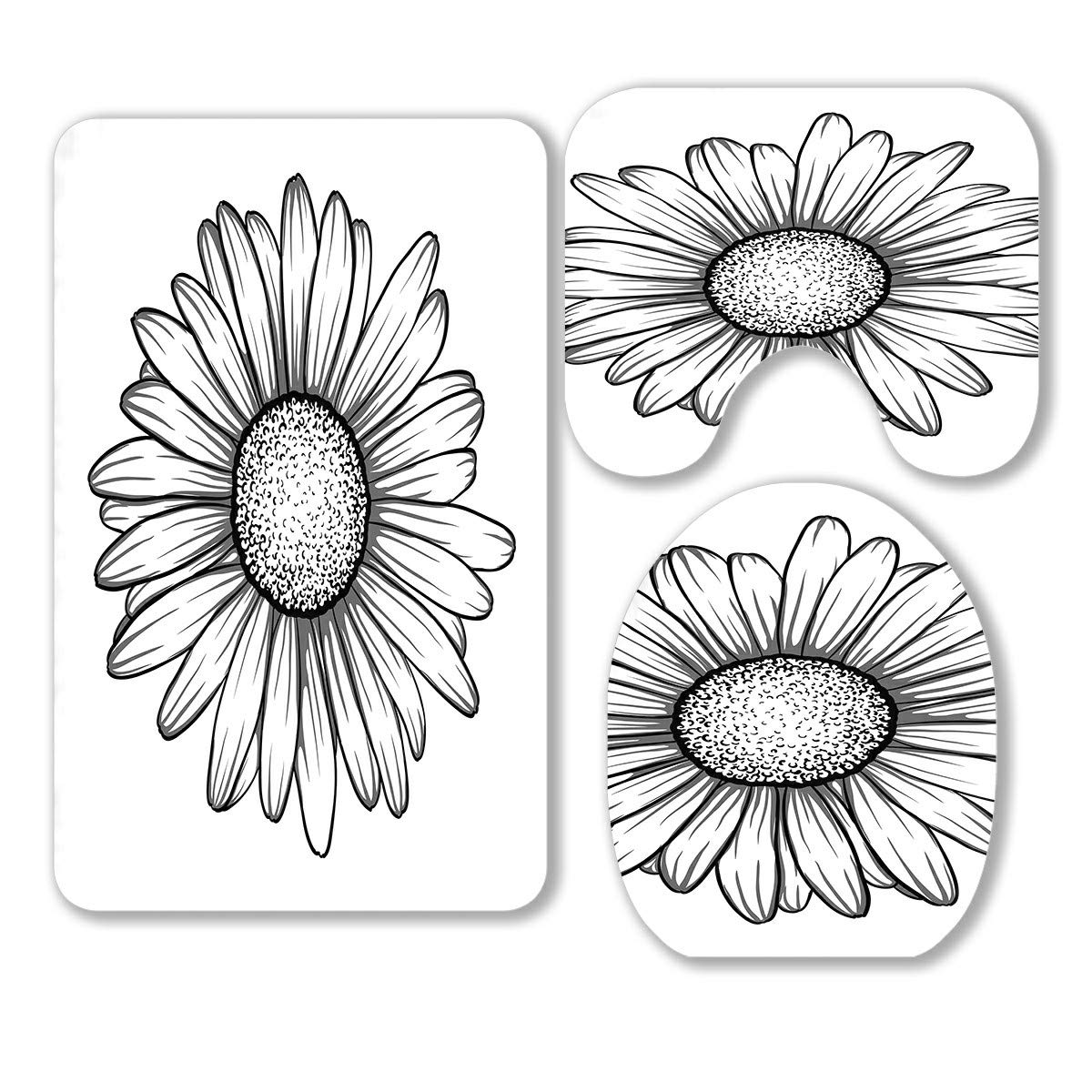 Stylish Monochrome Black and White Daisy Flower 3-Piece Bathroom Rug Set - Non-Slip Bath Mat, Contour Rug & Toilet Lid Cover - Perfect for Modern Bathrooms, Guest Baths & Farmhouse Decor