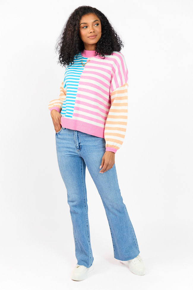Stylish Blue Pink Orange Multi-Color Block Striped Sweater for Women | Trendy Casual Knit Pullover | Perfect for Fall Winter Outfits & Cozy Layering