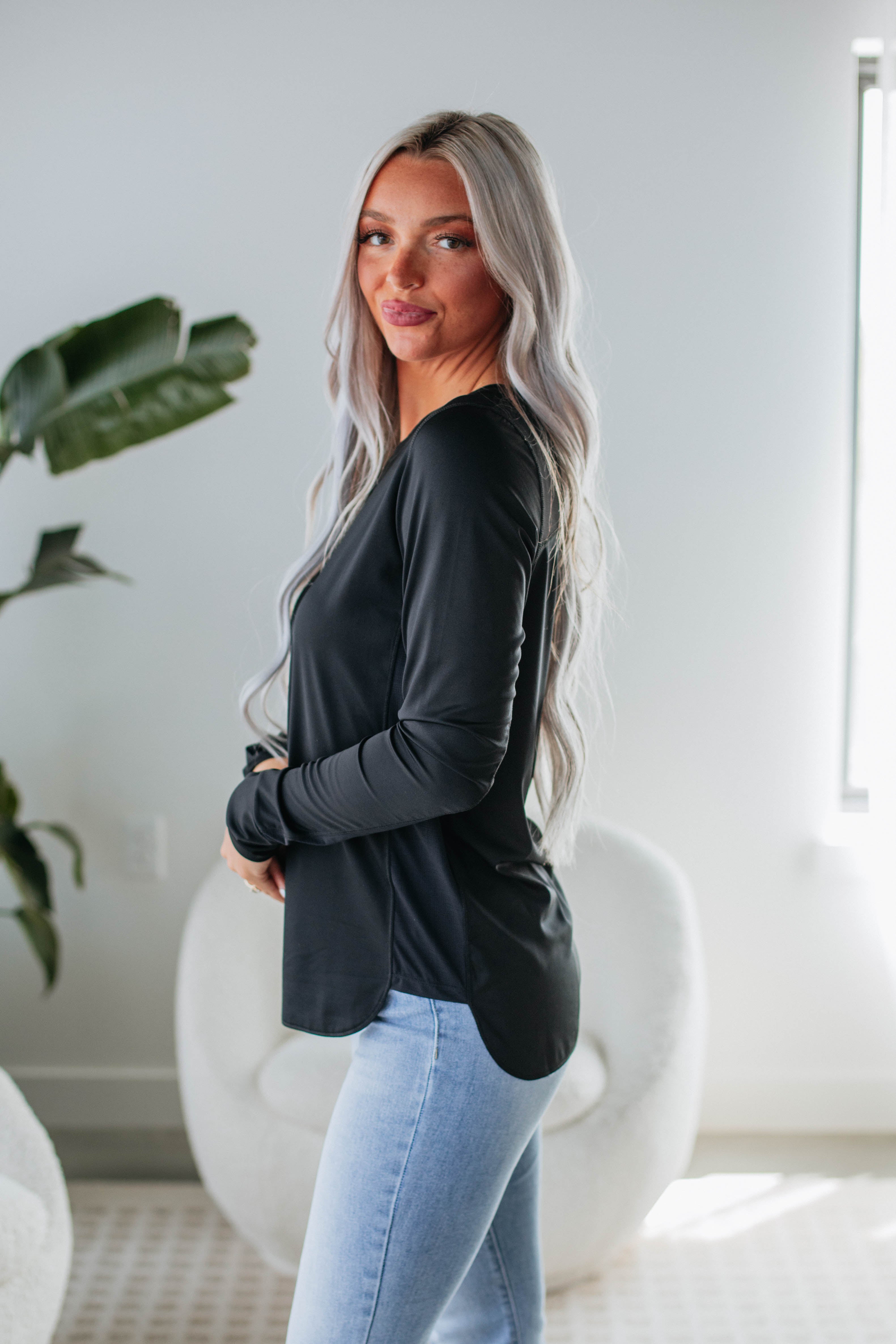 Allura Women's Long Sleeve T-Shirt - Soft Stretch Black Top for Casual Wear & Layering | Perfect for Work, Travel & Everyday Outfits