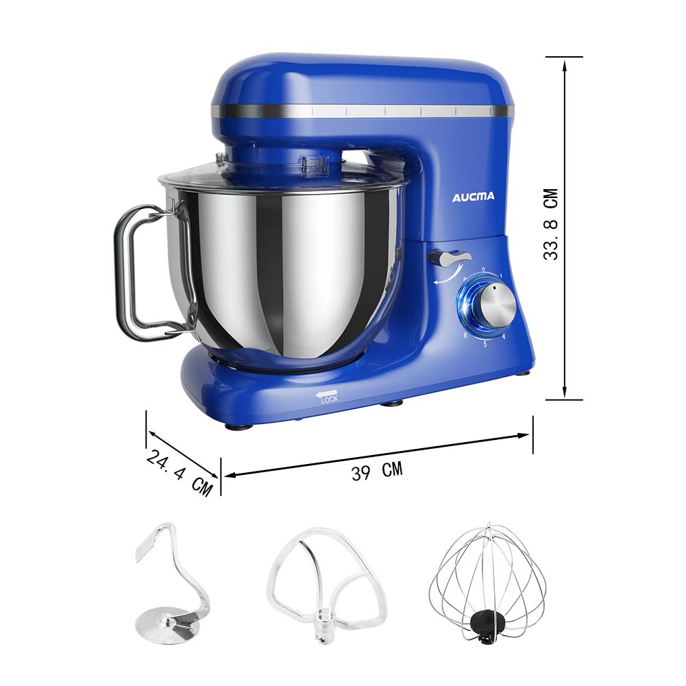 Aucma 7.4QT 6-Speed Tilt-Head Stand Mixer - Electric Kitchen Mixer with Dough Hook, Wire Whip & Beater (Royal Blue) - Perfect for Baking Cakes, Cookies, Bread & More