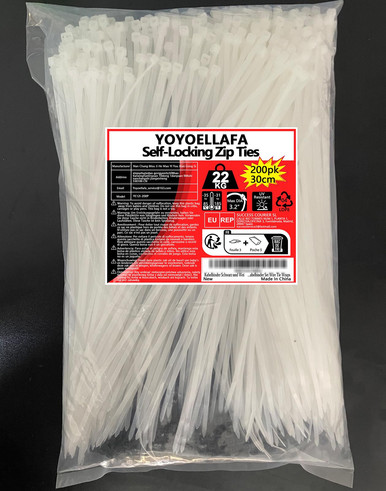 Heavy Duty 12 Inch Zip Ties 200 Pack Black & White - 50lb Strength Cable Ties for Outdoor Use, Wire Management, Bundling, and DIY Projects - Plastic Tie Wraps for Home, Office, and Industrial Organization