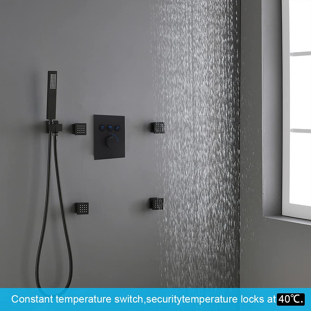 3 Way Shower Mixer Valve Kit - Modern Push Button Thermostatic Shower Diverter Valve with Concealed Brass Faucet | Rough-in Valve Replacement for Shower Head Water Flow Control | Perfect for Bathroom Renovation & Spa-Like Shower Experience (Black)