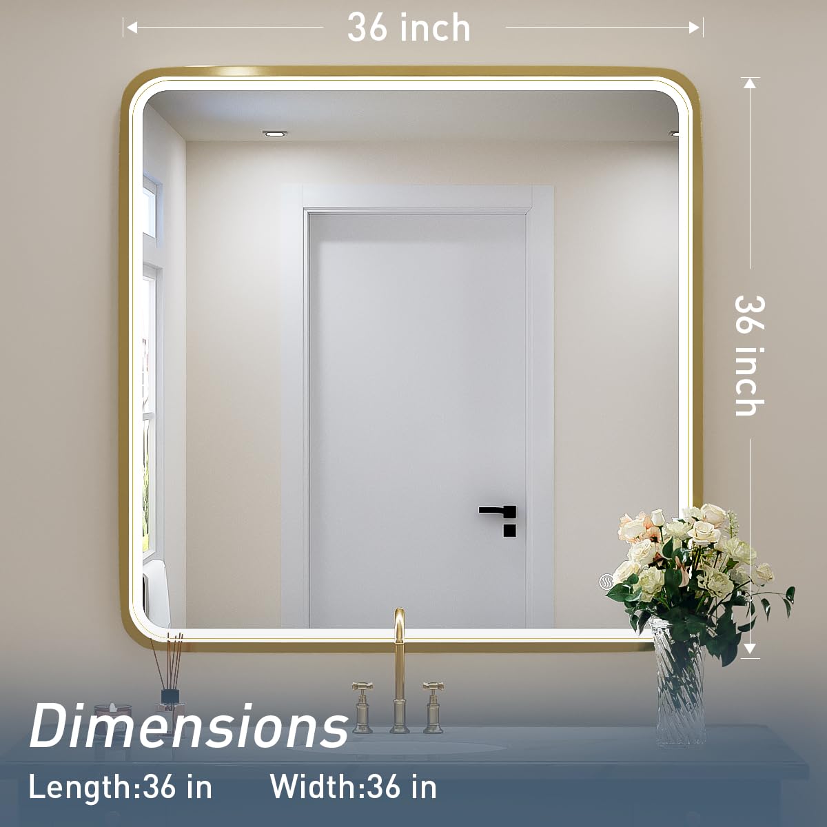 36x36 Inch Gold Framed LED Bathroom Mirror with Dimmable Lights - Anti-Fog Design, 6000K Daylight, Touch Switch - Perfect for Wall Mounting, Vanity Makeup & Modern Bathroom Decor