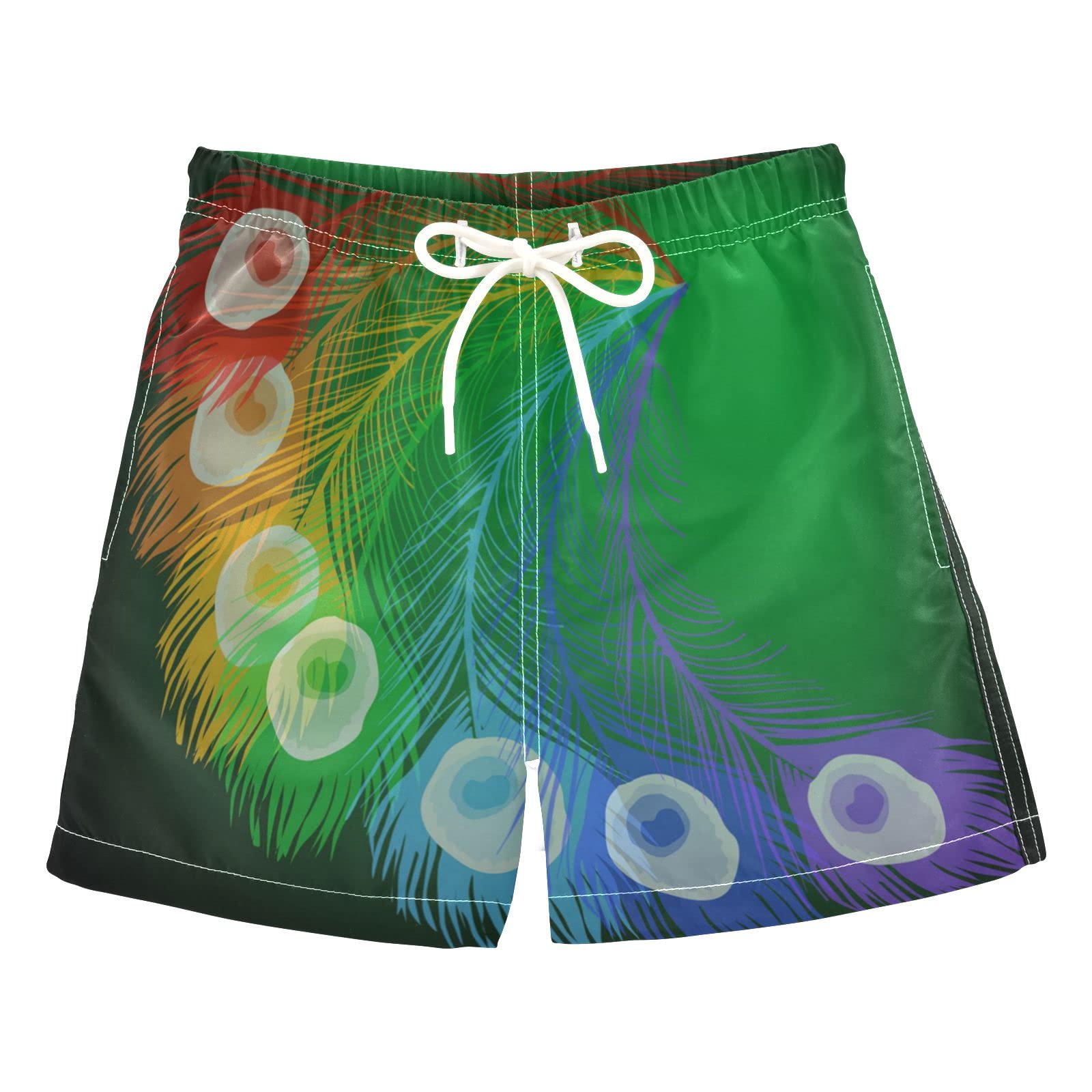 Boys Rainbow Peacock Feather Swim Trunks with Mesh Lining - Quick Dry Adjustable Waist Swim Shorts for Beach, Pool & Summer Water Activities
