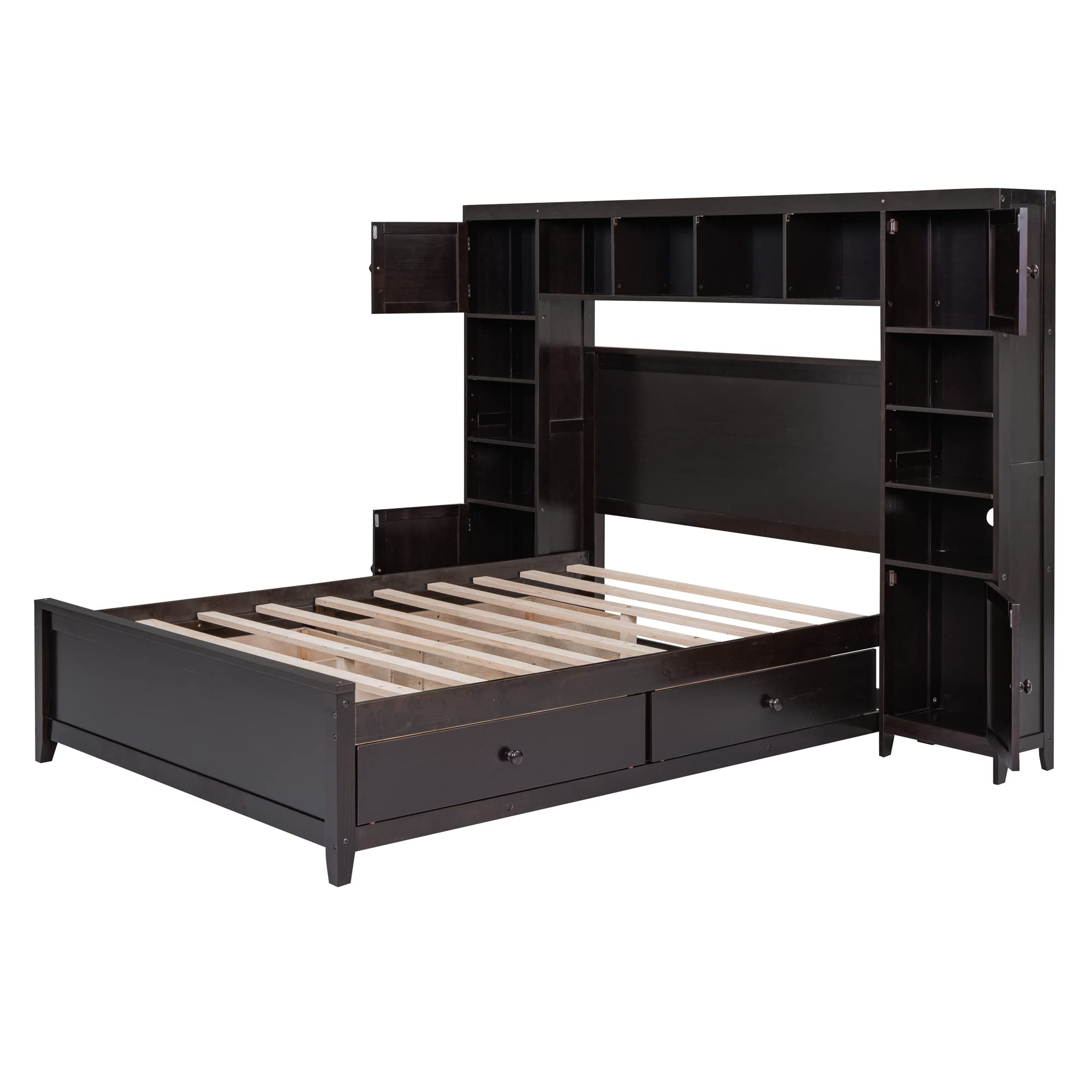 Full Size Wooden Platform Bed Frame with Storage Drawers, Cabinet & Shelves - All-in-One Panel Bed with Headboard & Slats Support (No Box Spring Needed) - Espresso Finish - Perfect for Small Bedrooms, Guest Rooms & Space-Saving Solutions