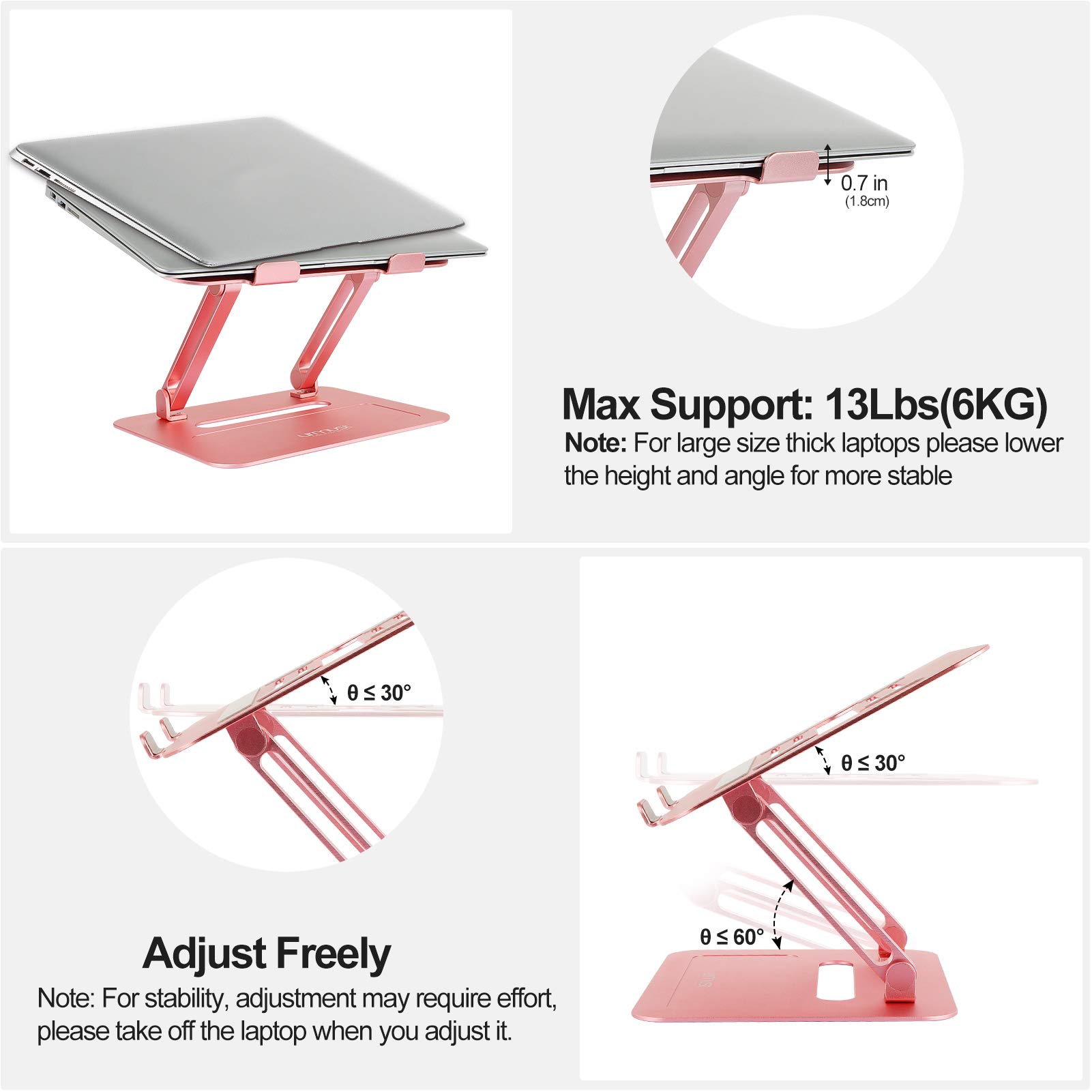 Urmust Adjustable Aluminum Laptop Stand for Desk - Rose Gold Laptop Riser Holder Compatible with MacBook Air Pro, Ultrabooks & All 11-17 Inch Laptops, Perfect for Home Office, Gaming & Study