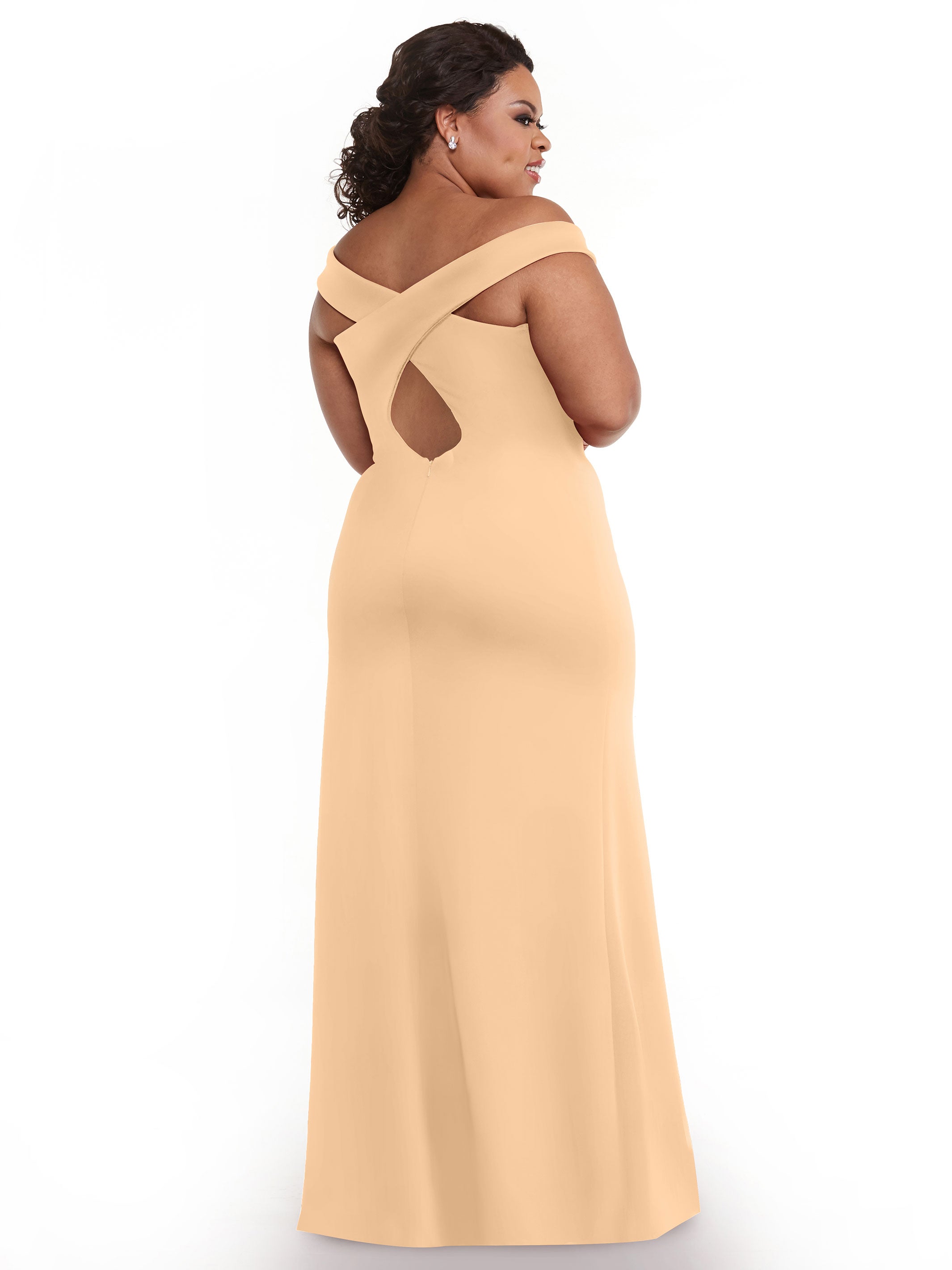 Elegant Off-the-Shoulder Double Knit Bridesmaid Dress with Thigh Slit - Perfect for Weddings, Prom & Formal Events