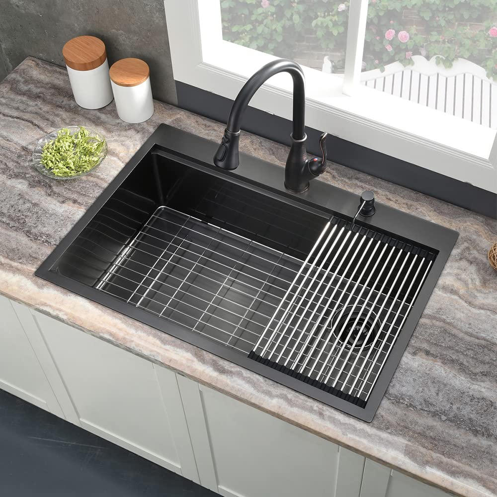 33 Inch Black Drop-In Kitchen Sink - Jshozzy 33x22 Stainless Steel Single Bowl Topmount Sink with Offset Drain | 16 Gauge Deep Workstation Sink for Modern Kitchens | Perfect for Meal Prep, Dishwashing & Large Cookware