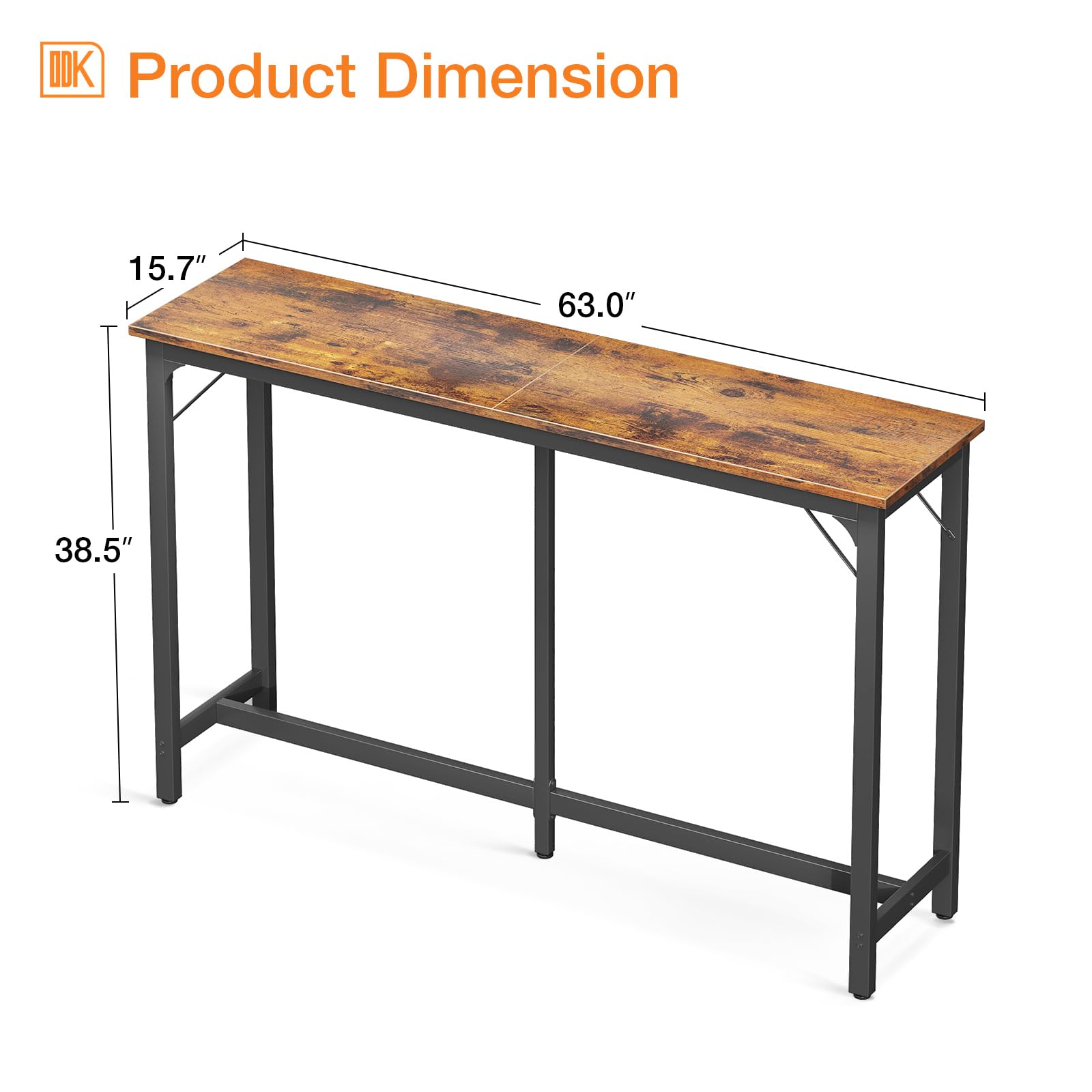 ODK 63 Inch Rustic Brown Bar Table - Counter Height Pub Table with Sturdy Metal Legs & Easy-to-Clean Surface - Perfect for Kitchen, Dining Room, Home Bar & Restaurant Use