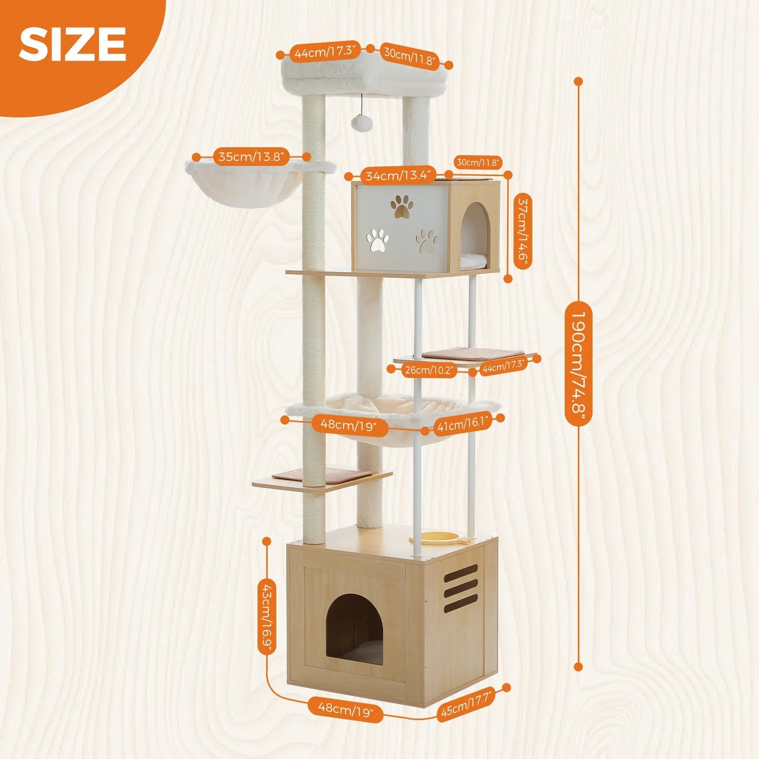 190cm Tall Wooden Cat Tree Tower with Feeding Bowls - Multi-Level Cat Condo & Scratching Post for Large Cats, Beige | Perfect for Indoor Play, Climbing & Relaxation in Living Room or Bedroom