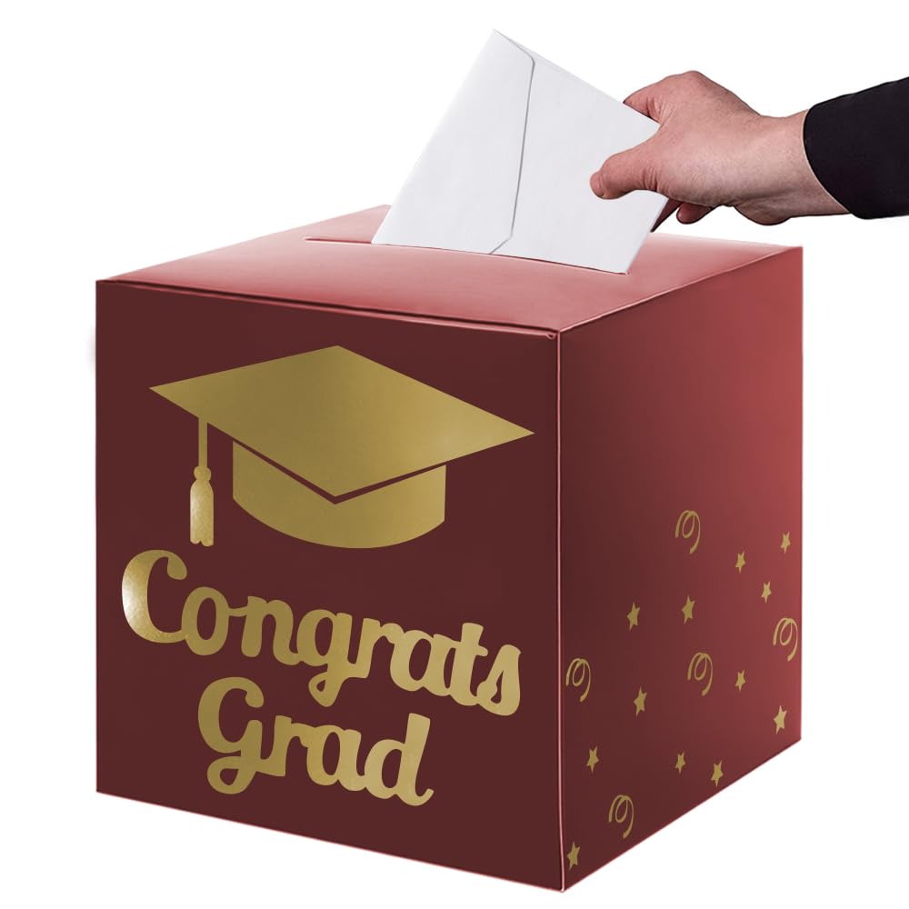 Graduation Card Box Holder - Foldable Maroon Cardboard Decorations for Graduation Party | Congrats Grad Gift & Party Decor | Perfect for Graduation Ceremonies, Open House Events & School Celebrations