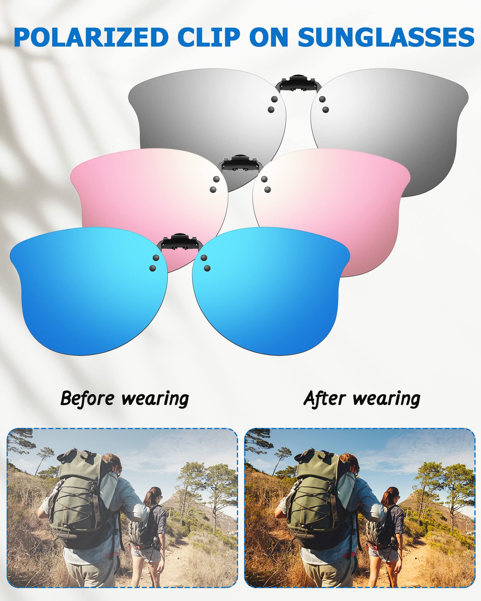 3 Pairs Polarized Clip-On Sunglasses for Women - Cat Eye Flip Up Lens, Lightweight Metal Frame Rimless Clip-On Glasses - Perfect for Driving, Reading & Outdoor Activities