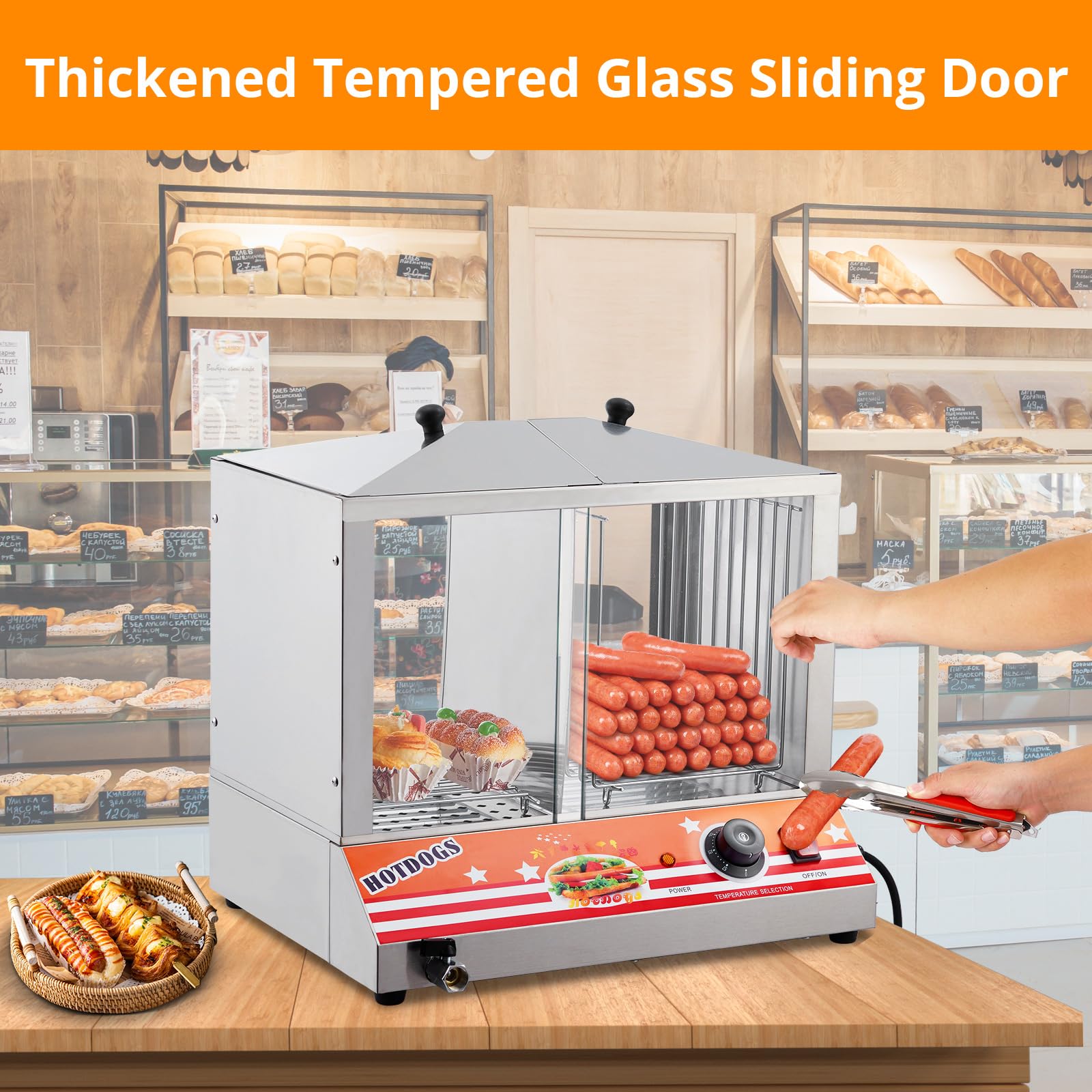 GARVEE 36L Commercial Hot Dog & Bun Steamer - Adjustable Temperature Stainless Steel Food Warmer for Restaurants, Food Trucks & Catering Events