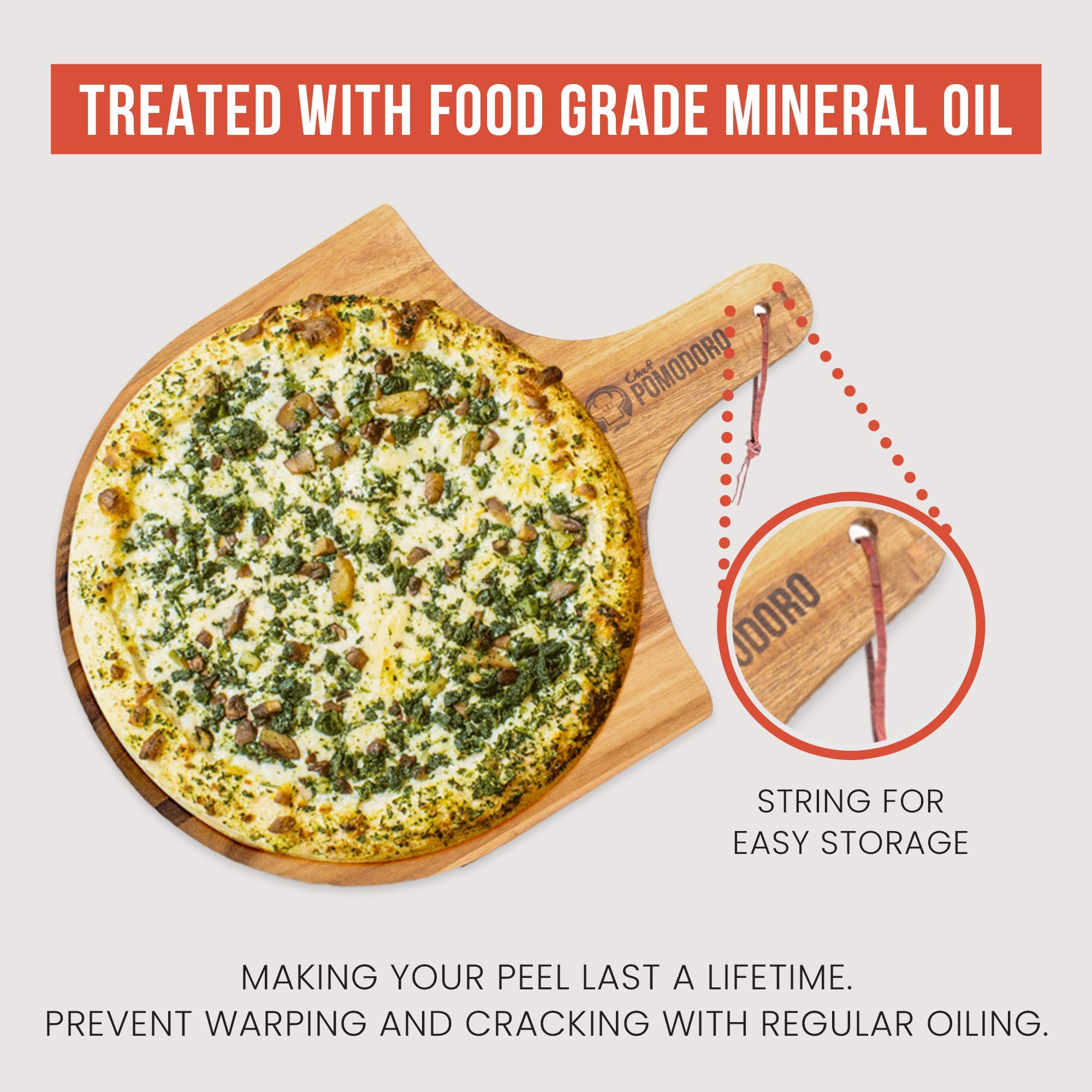 Premium Acacia Wood Pizza Peel & Charcuterie Board - Natural Pizza Paddle for Baking Homemade Pizza, Bread & Serving Charcuterie - Perfect for Oven, Grill & Entertaining - Chef Pomodoro Collection