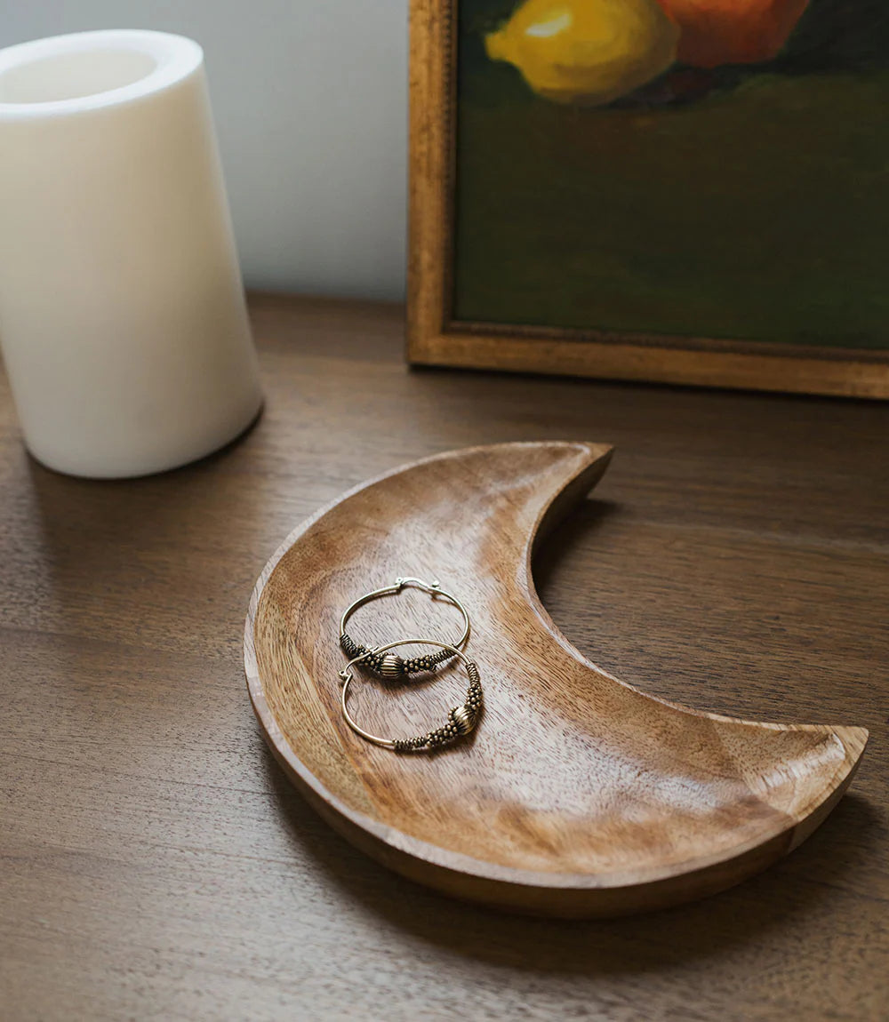Handmade Crescent Moon Mango Wood Catch All Dish - Natural Wooden Tray for Jewelry, Keys & Essentials | Boho Home Decor for Entryway, Bedroom & Bathroom Organization