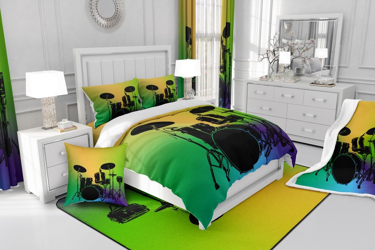 Boys Rock Music Duvet Cover Set - Soft Microfiber Drum Kit Bedding for Kids & Teens (Twin Size) with Zipper Closure & Pillowcase - Perfect for Rock Music Lovers' Bedroom Decor | Great Gift for Birthday & Christmas