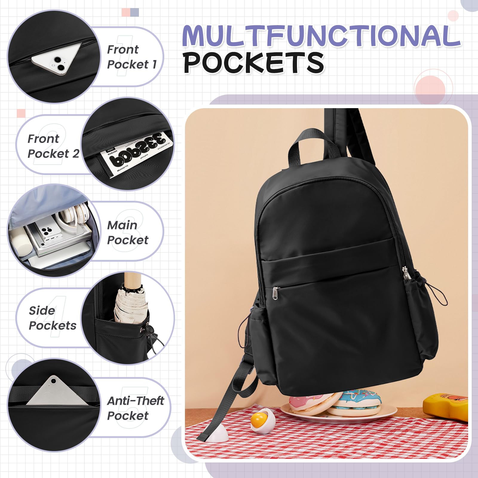 Stylish Black Laptop Backpack for Women & Men - Waterproof Travel Backpack with Anti-Theft Design, USB Charging Port & Laptop Compartment (Fits 15.6