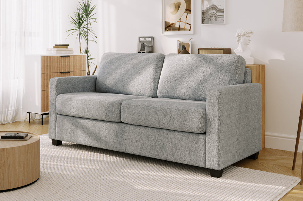 Grey Velvet Fabric Pull Out Sofa Bed with Pocket Coil Mattress - Model #1812 | Comfortable Sleeper Sofa for Small Spaces & Guest Rooms