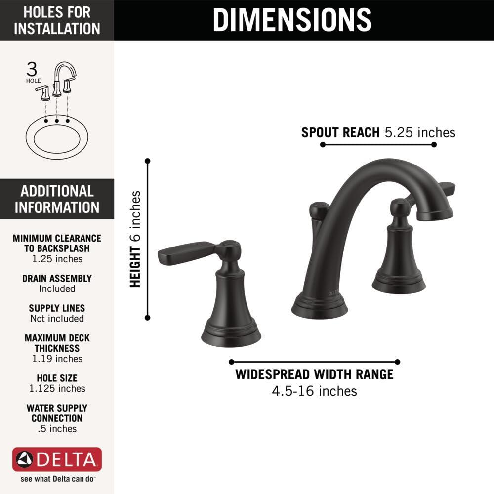 Delta Woodhurst Widespread Bathroom Faucet - 3 Hole Matte Black Bathroom Sink Faucet with 2 Handles & Push-Pop Drain - Modern Bathroom Faucet for Vanity Sinks (Model 3532LF-BLMPU) - Perfect for Master Bathrooms, Guest Baths & Powder Rooms