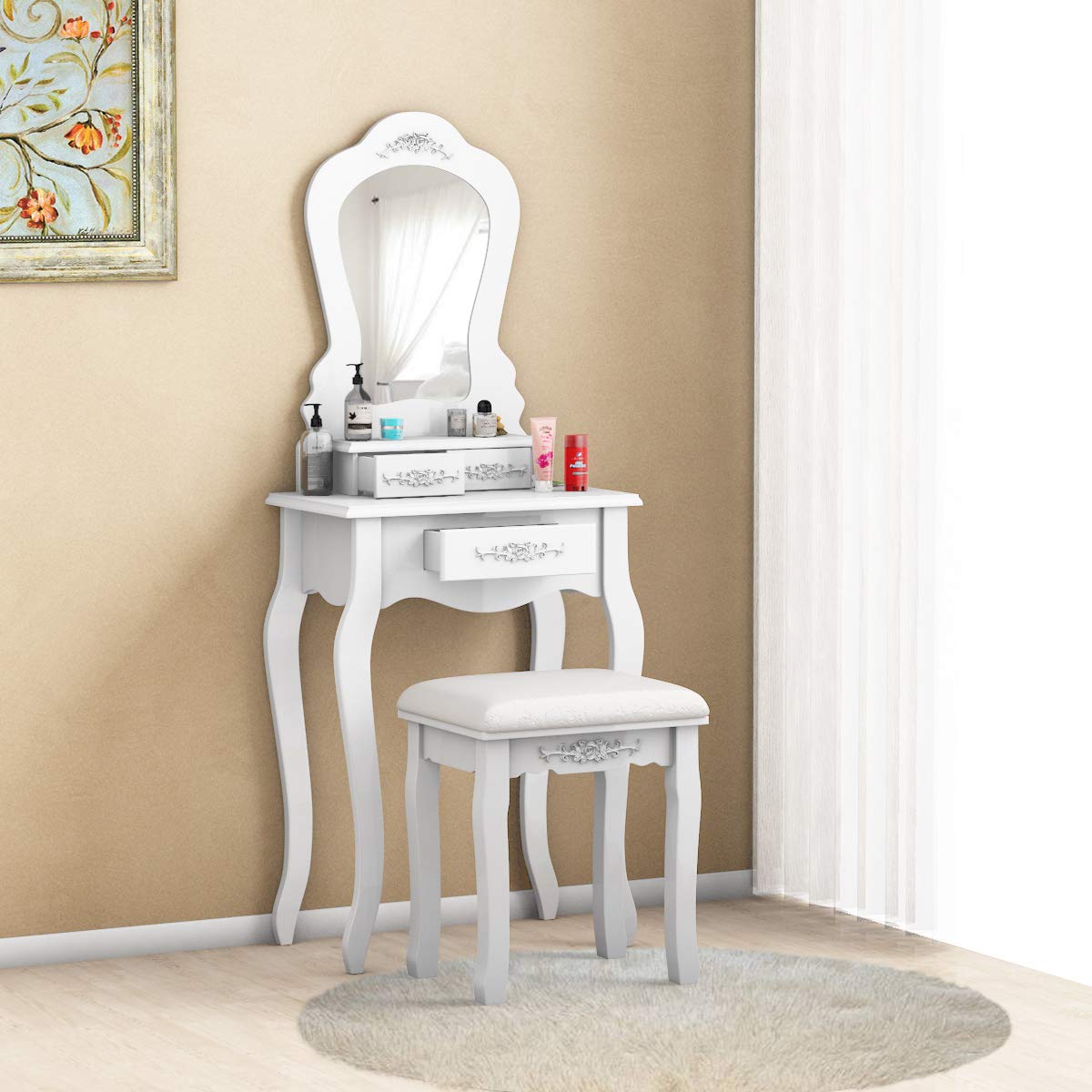 Modern White Vanity Table Set with 3 Drawers, Fan-Shaped Mirror & Cushioned Stool - Multifunctional Makeup Dressing Desk for Bedroom, Beauty Salon & Home Decor | Perfect for Daily Makeup, Skincare & Hair Styling