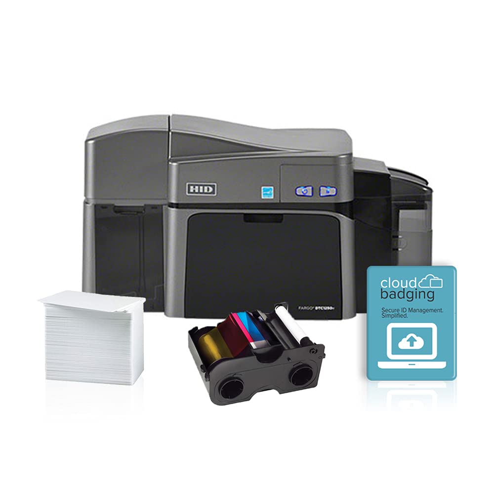 Fargo DTC1250e Dual-Sided ID Card Printer Bundle with Ribbon & 100 PVC Cards - High Security Badge Printing for Offices, Schools & Events