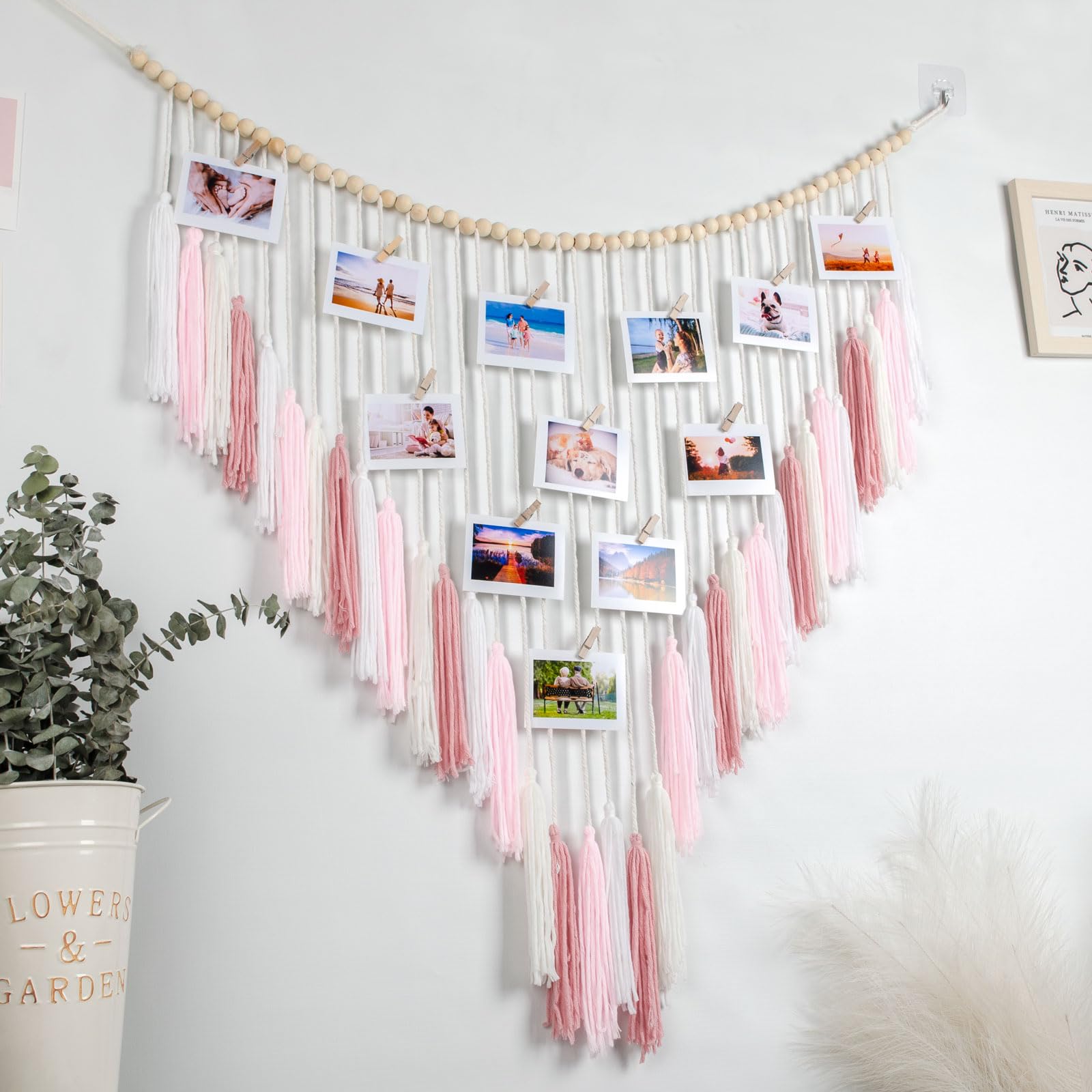 Macrame Wall Hanging with Wood Beads - Boho Home Decor for Bedroom & Living Room | Photo Display & Gift Idea