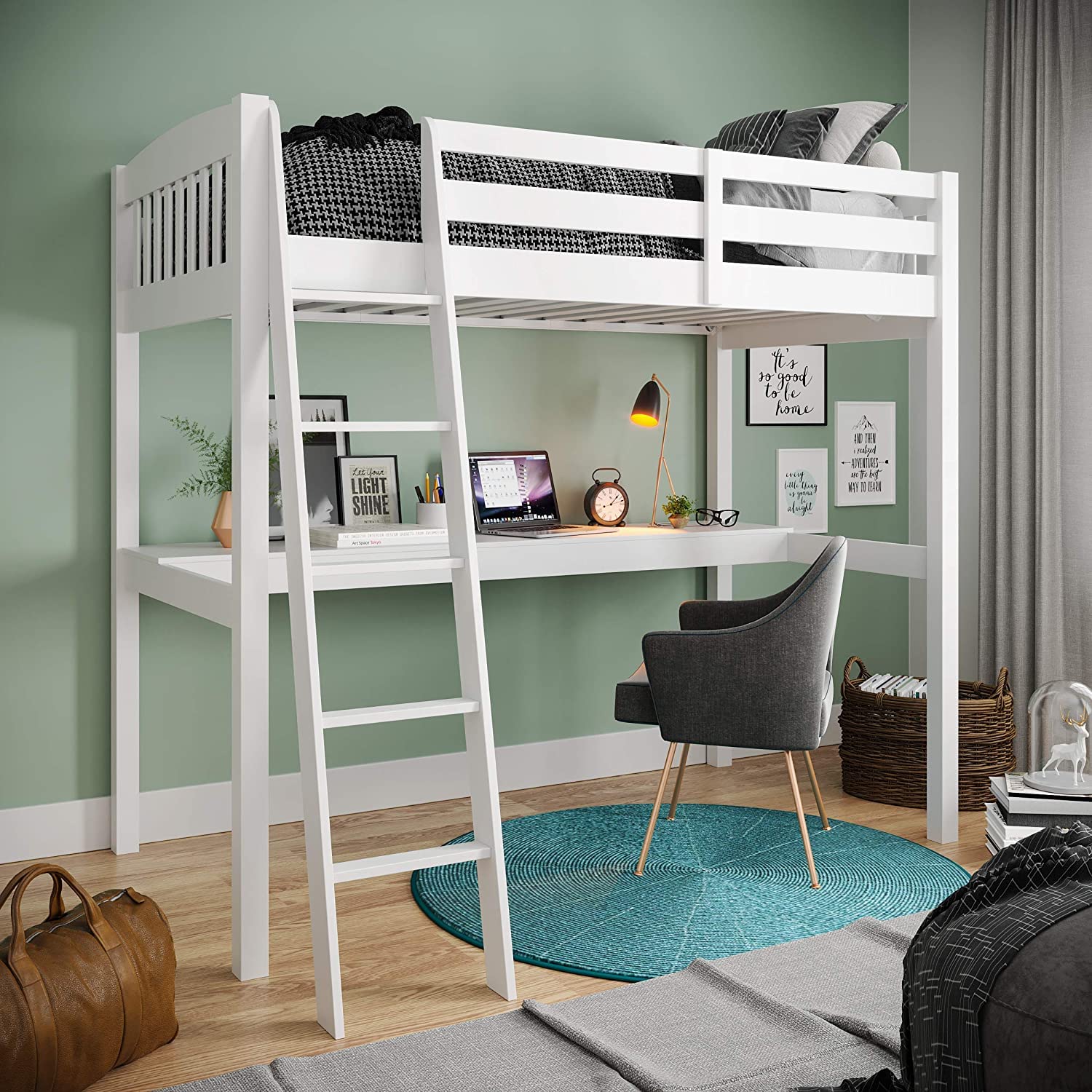 High Loft Wooden Bed Frame with Built-in Desk - Yes4Wood Everest Solid Elliotis Pine Platform Bed, No Box Spring Required (White, Twin Size) | Perfect for Small Bedrooms, Dorm Rooms & Home Office Spaces