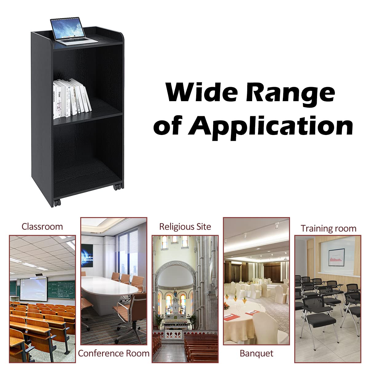 Portable Adjustable Podium Stand with Wheels - Mobile Lectern for Church, Conference, Auditorium & Classroom - Black Hostess Stand for Events & Presentations