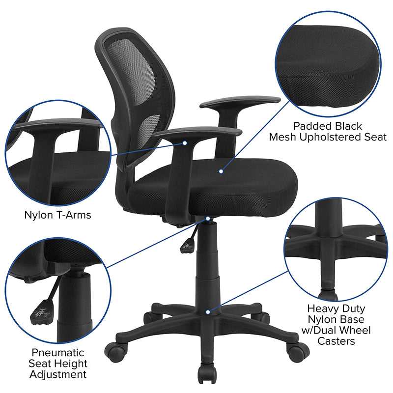 FLASH Mallard Mid Back Black Mesh Swivel Ergonomic Office Chair with Adjustable T-Arms - BIFMA Certified Task Chair for Home & Office Workspace - Perfect for Long Hours of Computer Work, Gaming, and Study Sessions