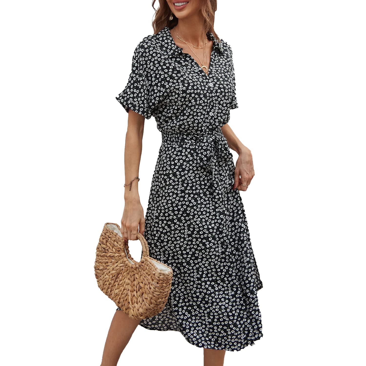 BROVAVE Women's Summer Casual Short Sleeve Button Down Floral Midi Shirt Dress - Perfect for Beach Vacation, Brunch Dates & Office Wear