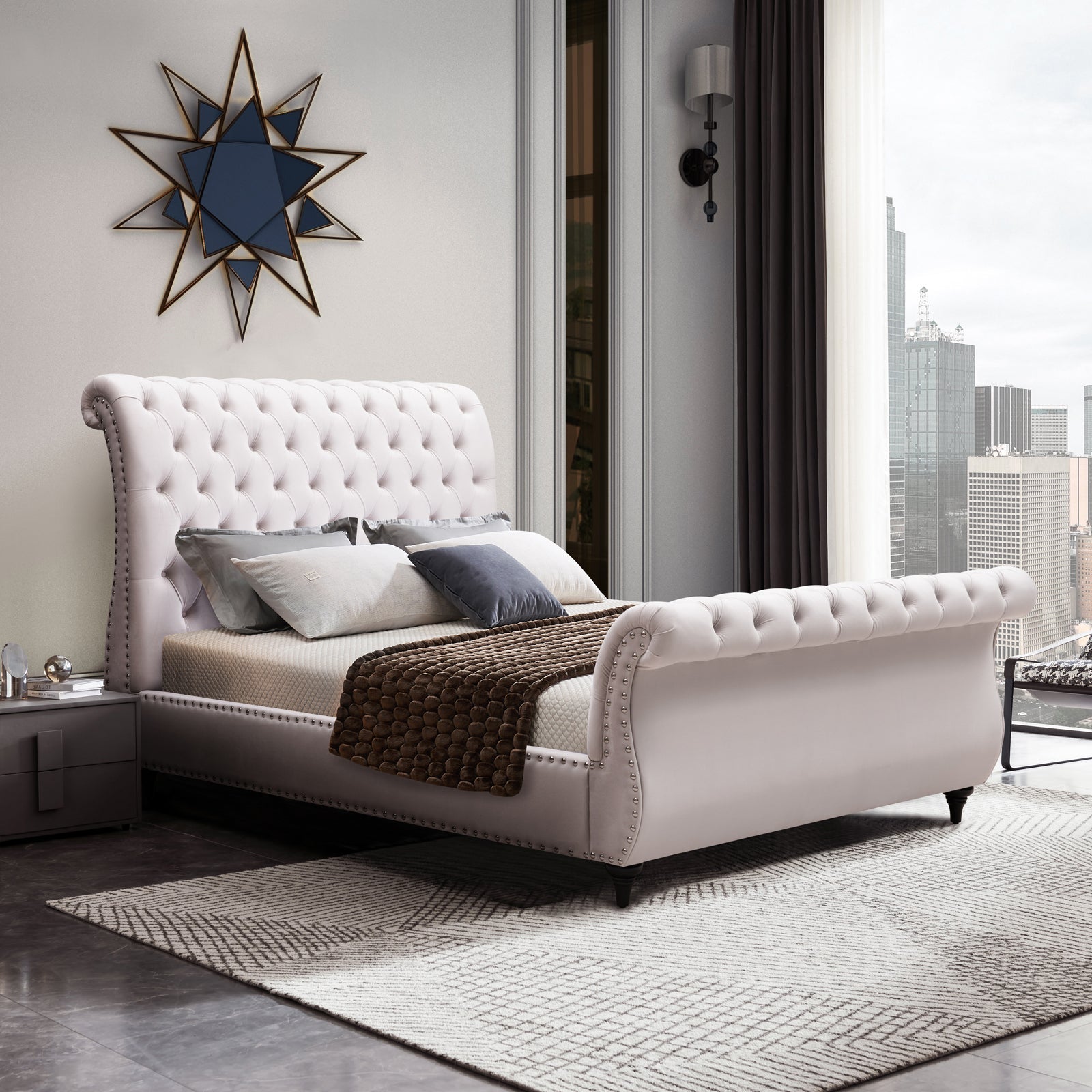 Luxe Royal Sleigh Queen Size Bed Frame with Beige Velvet Upholstery - Elegant Bedroom Furniture for Master Suite & Guest Room Decor
