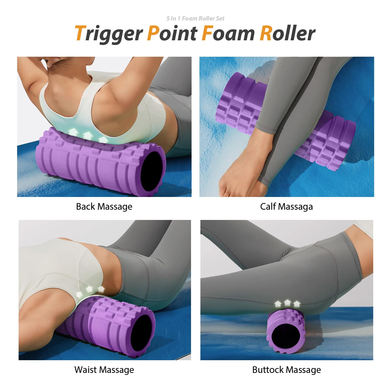 5-in-1 Foam Roller Set for Deep Tissue Massage & Muscle Recovery - Trigger Point Therapy, Exercise Foam Roller, Massage Ball & Stretching Strap - Full Body Workout & Pain Relief (Purple) - Perfect for Gym, Yoga, Physical Therapy & Home Fitness