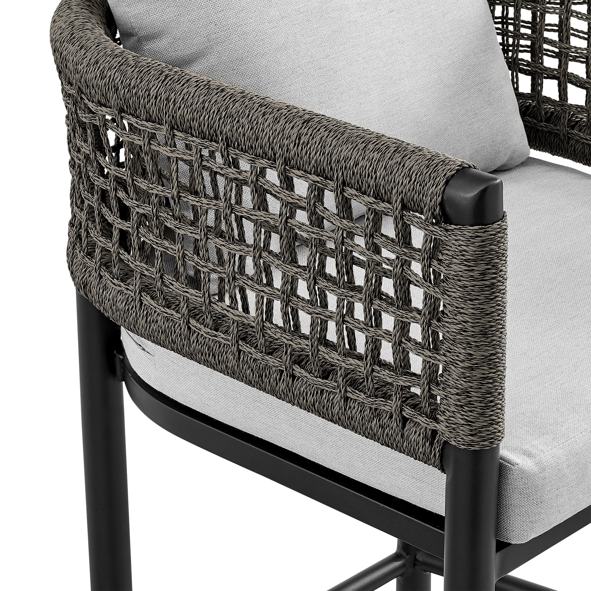 Armen Living Alegria Outdoor Patio Counter Height Bar Stool - Aluminum Frame with Grey Rope & Cushions - Perfect for Backyard, Deck, and Poolside Dining