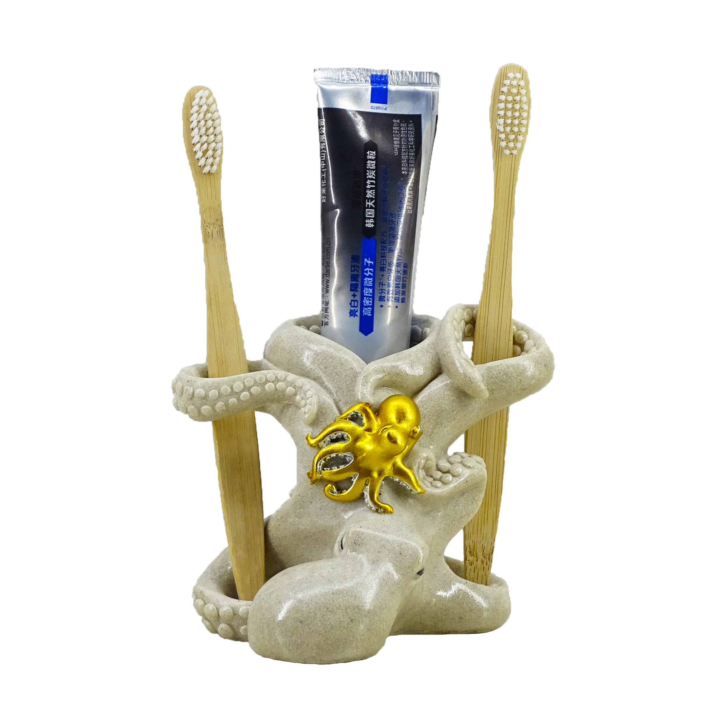 SHANCO Resin Octopus Mother and Baby Toothbrush Holder - Ocean Theme Bathroom Decor, Beach Style Bathroom Accessories, Coastal Home Decor (Loyal Gold) | Perfect for Beach House, Kids Bathroom, and Coastal Themed Decorations