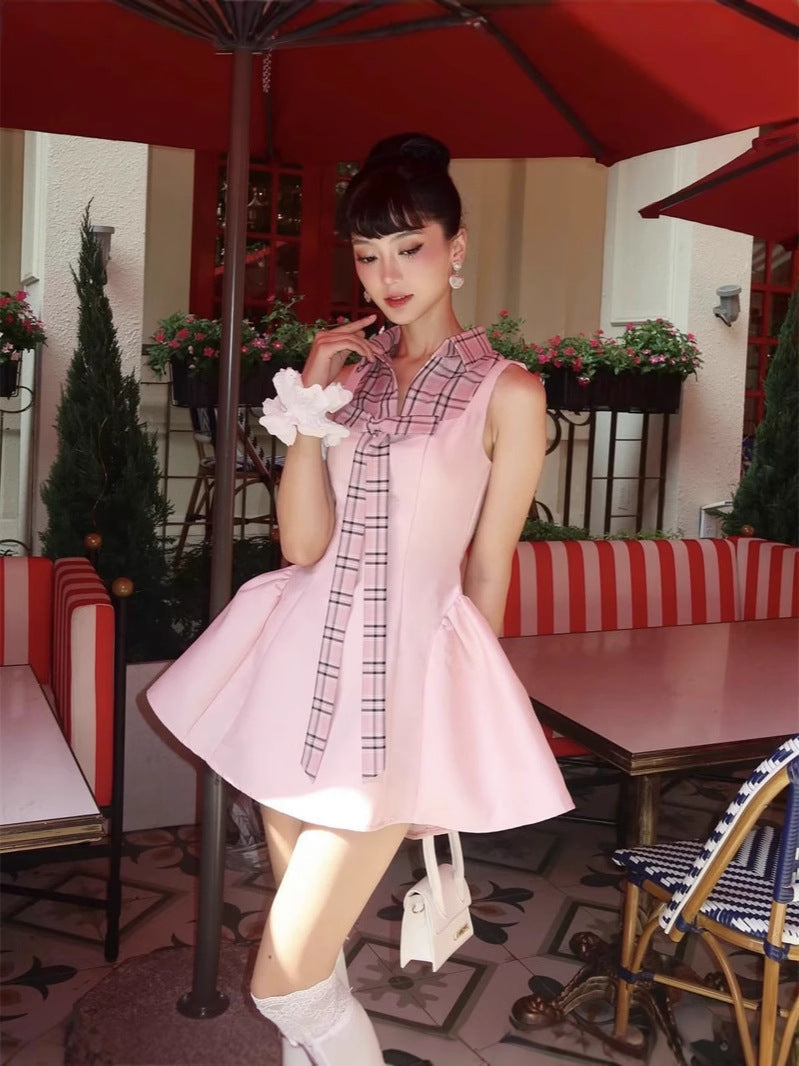 Pink Checked Shirt Collar Sleeveless Puffy Mini Dress for Women - Casual Summer Outfit, Beach Coverup, Party Wear