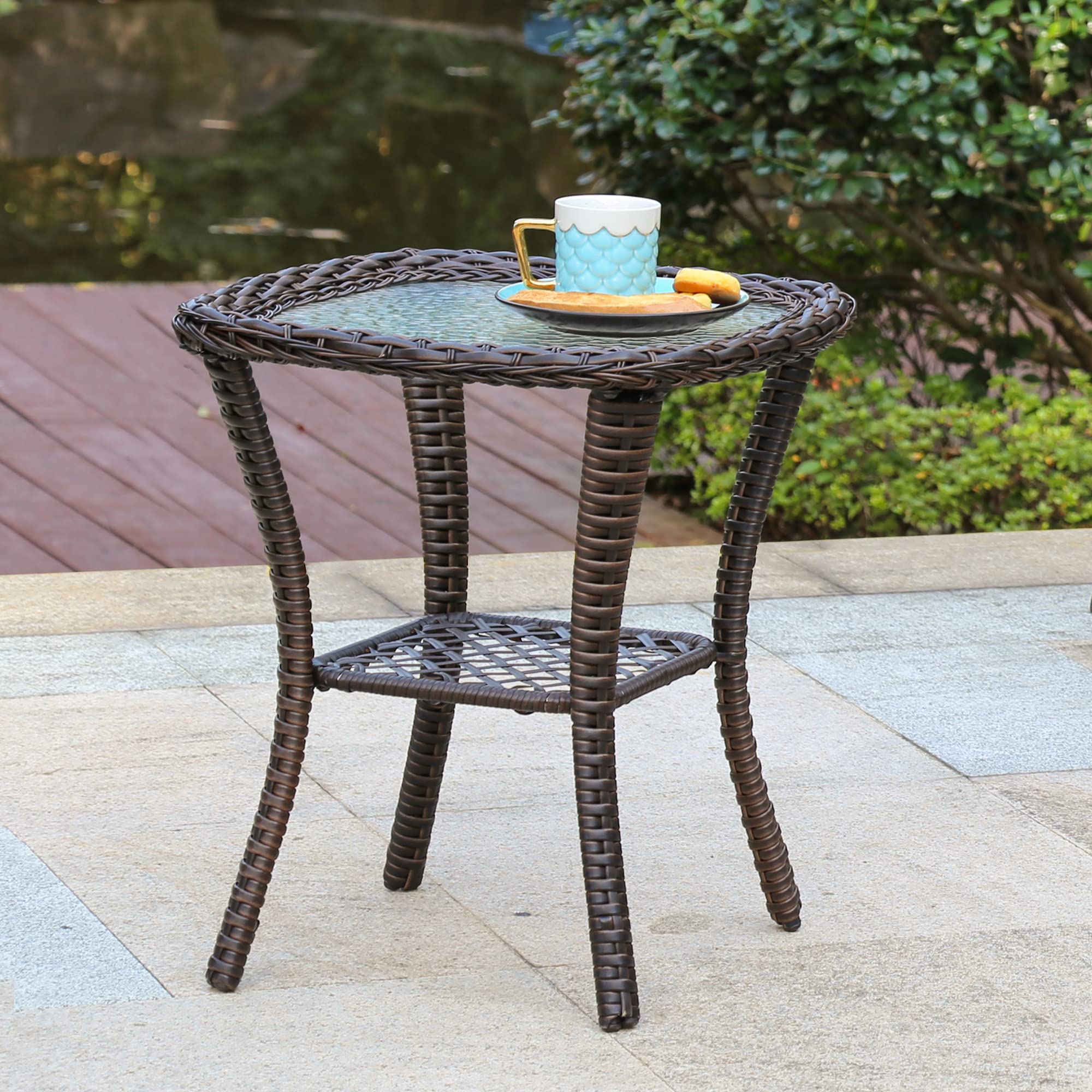 Brown Outdoor Wicker Coffee Table with Tempered Glass Top & Storage Shelf - Steel Frame Rattan Side Table for Patio, Backyard, Lawn, Balcony & Pool Area - Perfect for Lounging, Entertaining & Relaxing Outdoors