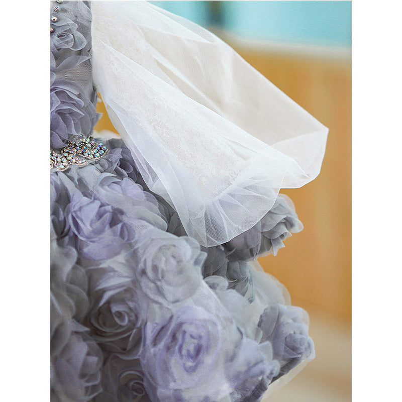 Lilac Lace A-Line Flower Girl Dress with Long Puff Sleeves - Elegant Baptism, Wedding & Special Occasion Dress for Toddlers & Kids